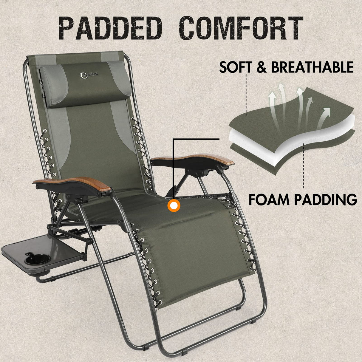 PORTAL Zero Gravity Oversized, Folding Reclining Patio, Full Padded Outdoor Foldable Lounge Chair with Adjustable Headrest, Support 350 LBS, Green PORTAL