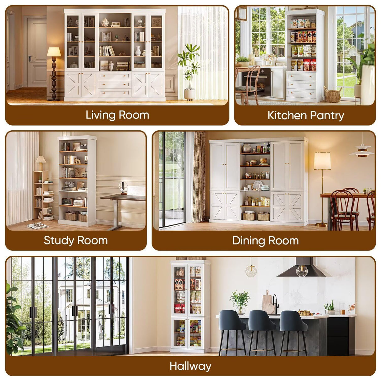 Vyre 70.8" Tall White Bookshelf, Farmhouse Modular Bookcase with 6-Tier Adjustable Shelves, Large Storage Cabinet for Home Office, Living Room, Set of 4 Vyre