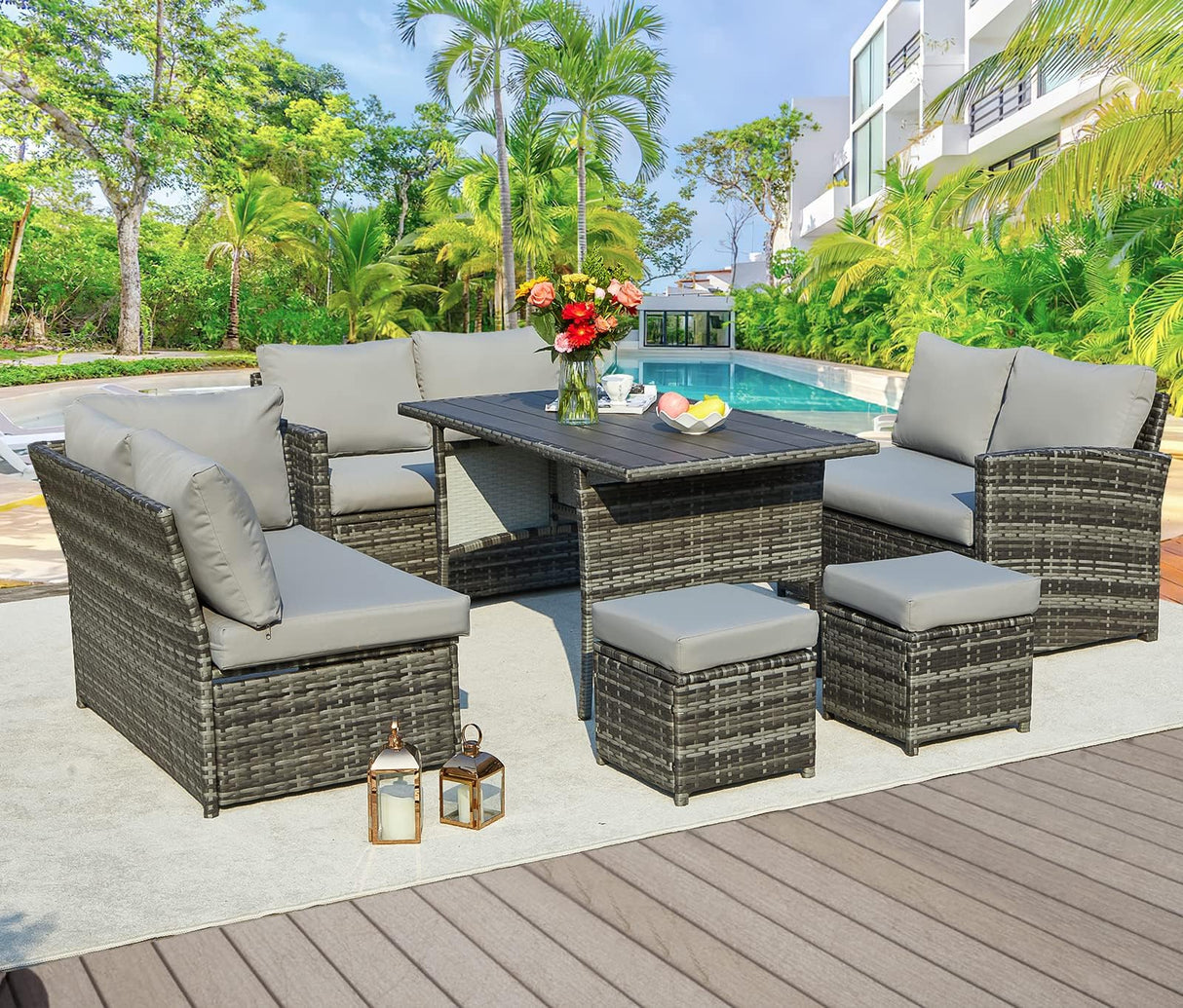 AECOJOY 7 Pieces Patio Furniture with Cover, Wicker Rattan Outdoor Set Clearance with Dining Table&Chair, Grey AECOJOY