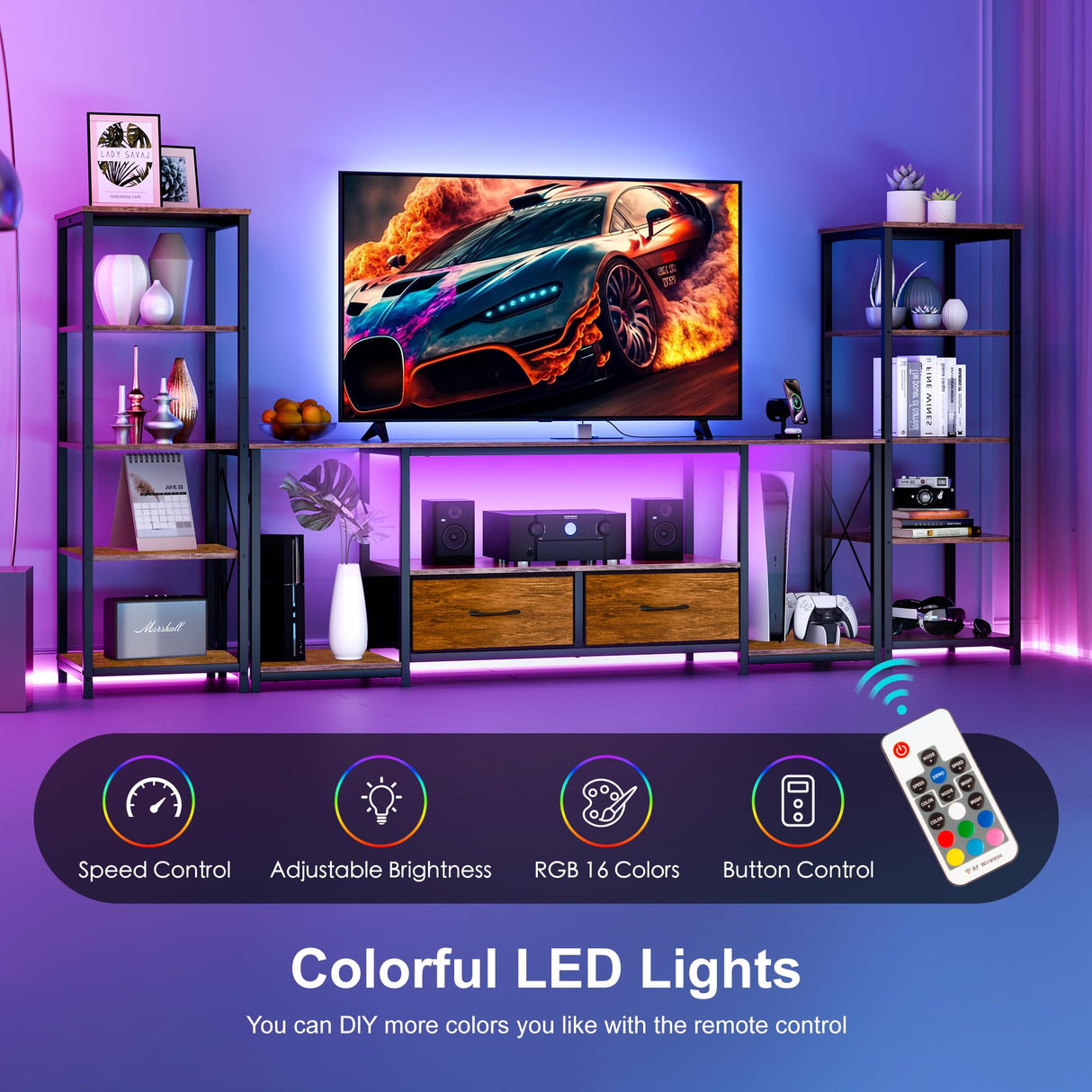 LovaraS Entertainment Center with Storage for TVs up to 65 Inch TV Stand for Living Room with 2 Bookshelves TV Console with 2 Fabric Drawers, Farmhouse Modern LED Lights & Power Outlets Bedroom LovaraS