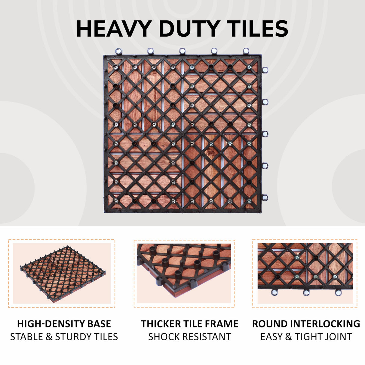 CLOVERHOLM Interlocking Deck Tiles-10PCS Waterproof Acacia Wood Patio Tiles, Easy Snap Flooring Tiles for Indoor and Outdoor,Balcony, Entry, Poolside Tiles, 12”x12”, 10sq.ft per Box, Teak CLOVERHOLM