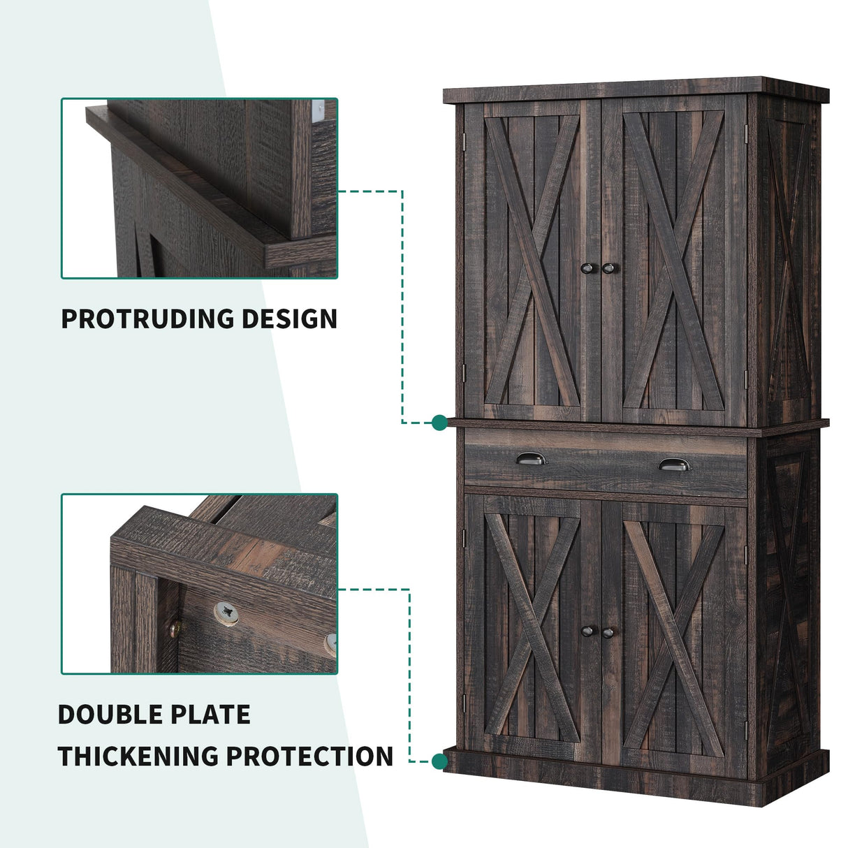 YITAHOME 72'' Farmhouse Kitchen Pantry, Wood Kitchen Storage Cabinets with Drawer and Adjustable Shelves, Kitchen Versatile Storage for Kitchen, Dining Room, Living Room, Dark Rustic Oak YITAHOME