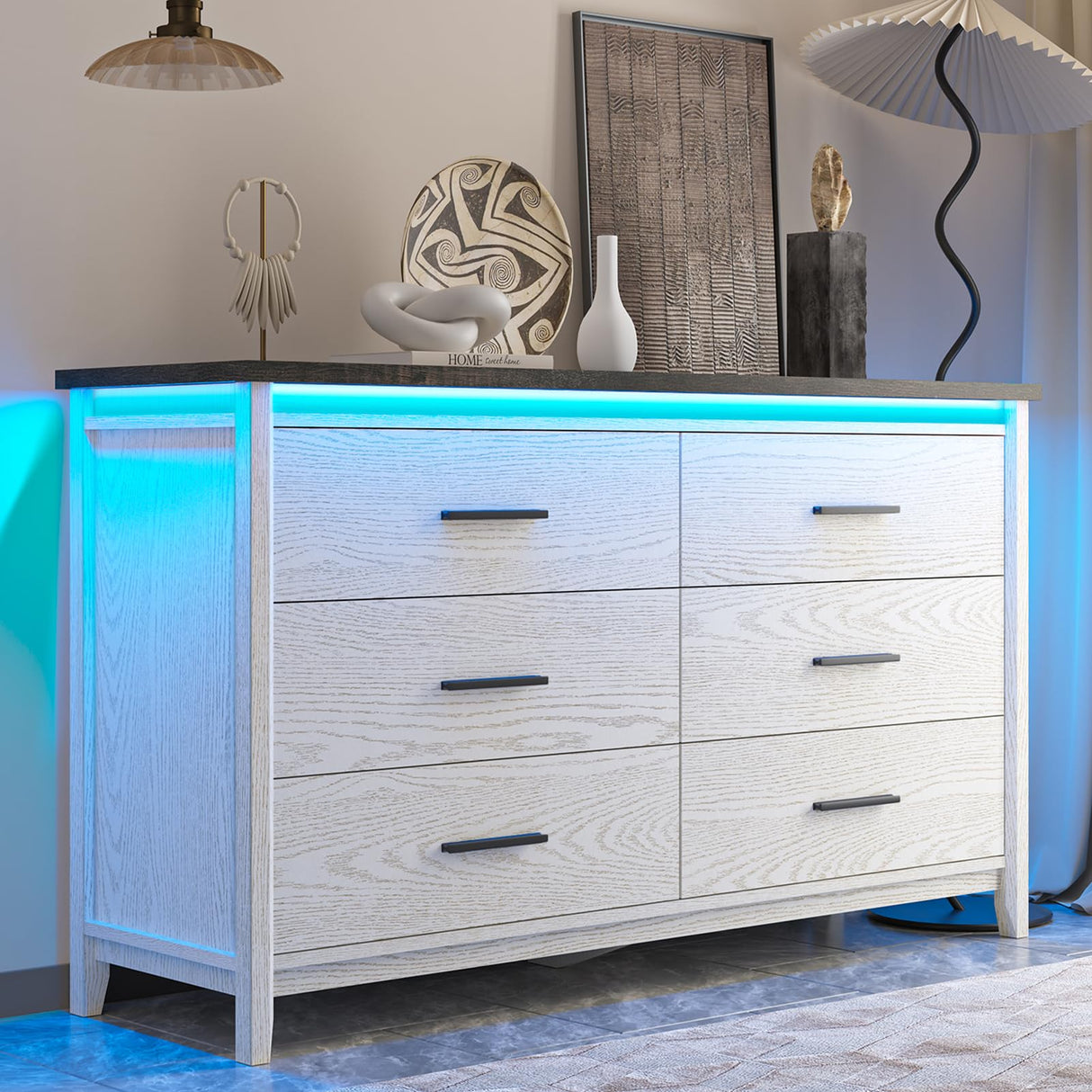 IKENO 6 Drawers Wood Dresser with LED, Storage Dresser for Bedroom, Wide Chest of Drawer with Metal Handles (White with LED) IKENO
