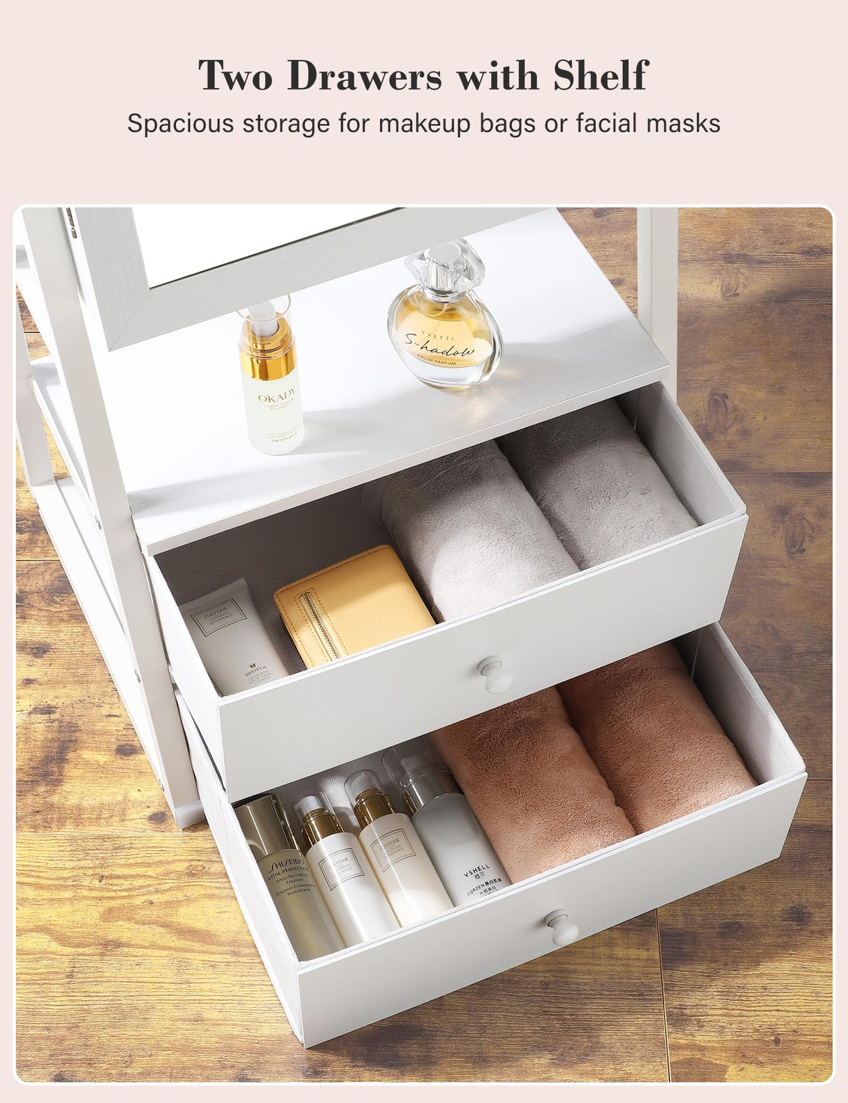 Nicetree Jewelry Cabinet Armoire with 2 Drawers, Lockable Standing Jewelry Mirror Cabinet, Full Length Mirror with Jewelry Storage, White Nicetree