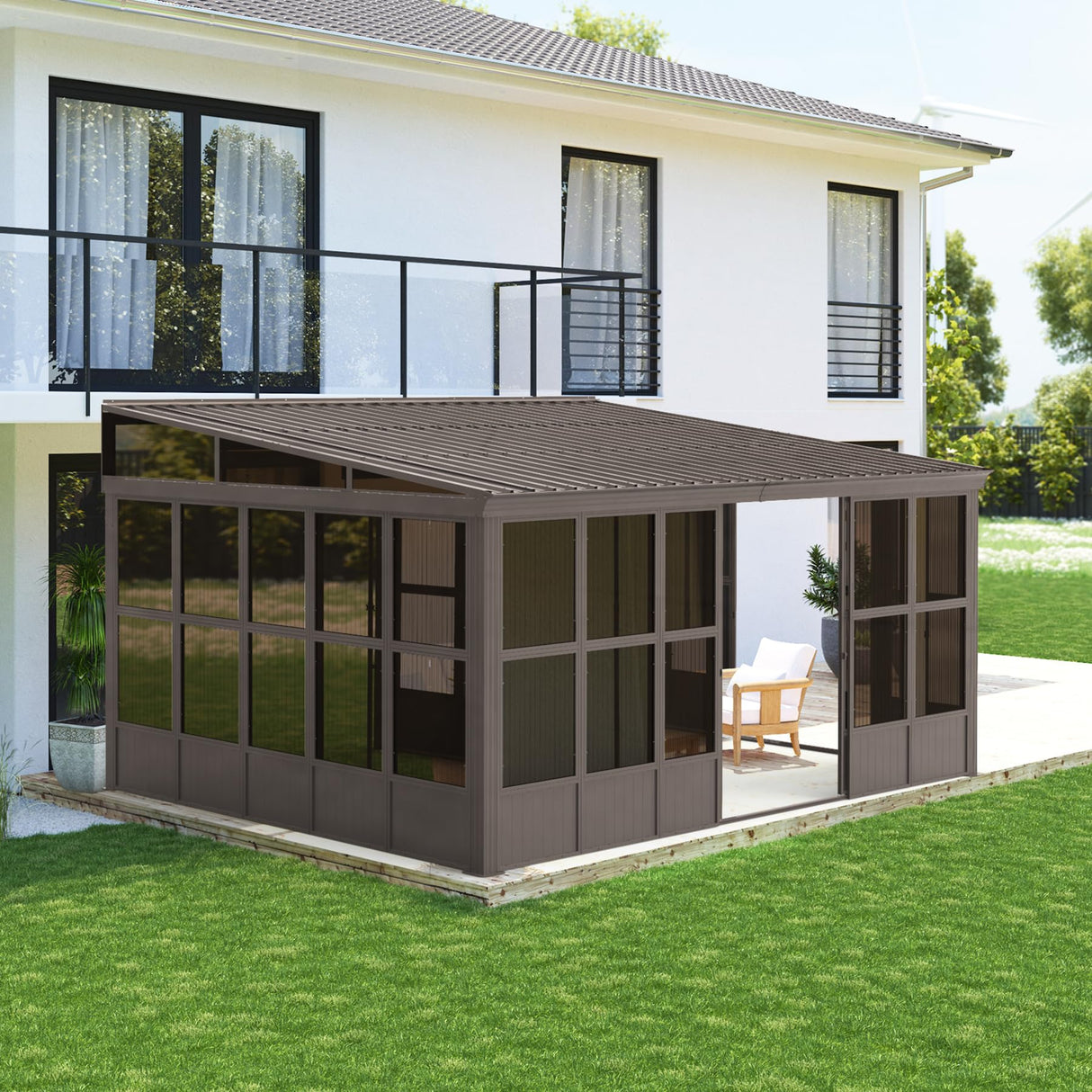 Domi 12x16FT Wall Mounted Sunroom,Solarium Aluminum Enclosed Gazebo with Hard Walls,Front Door&Side Entrance,Galvanized Steel Sloping Roof&Detachable PC Screen,Lean to Gazebo Sun Room for Patio Deck domi outdoor living