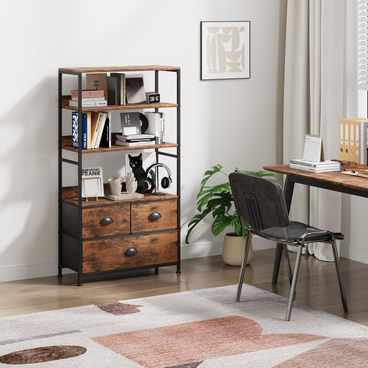 6 Tier Bookshelf, 47-Inch Small Bookcase with 3 Fabric Storage Drawers, Wood and Metal Book Shelf Storage Organizer, Industrial Display Standing Shelf Unit for Bedroom, Living Room, Rustic Brown Mexin