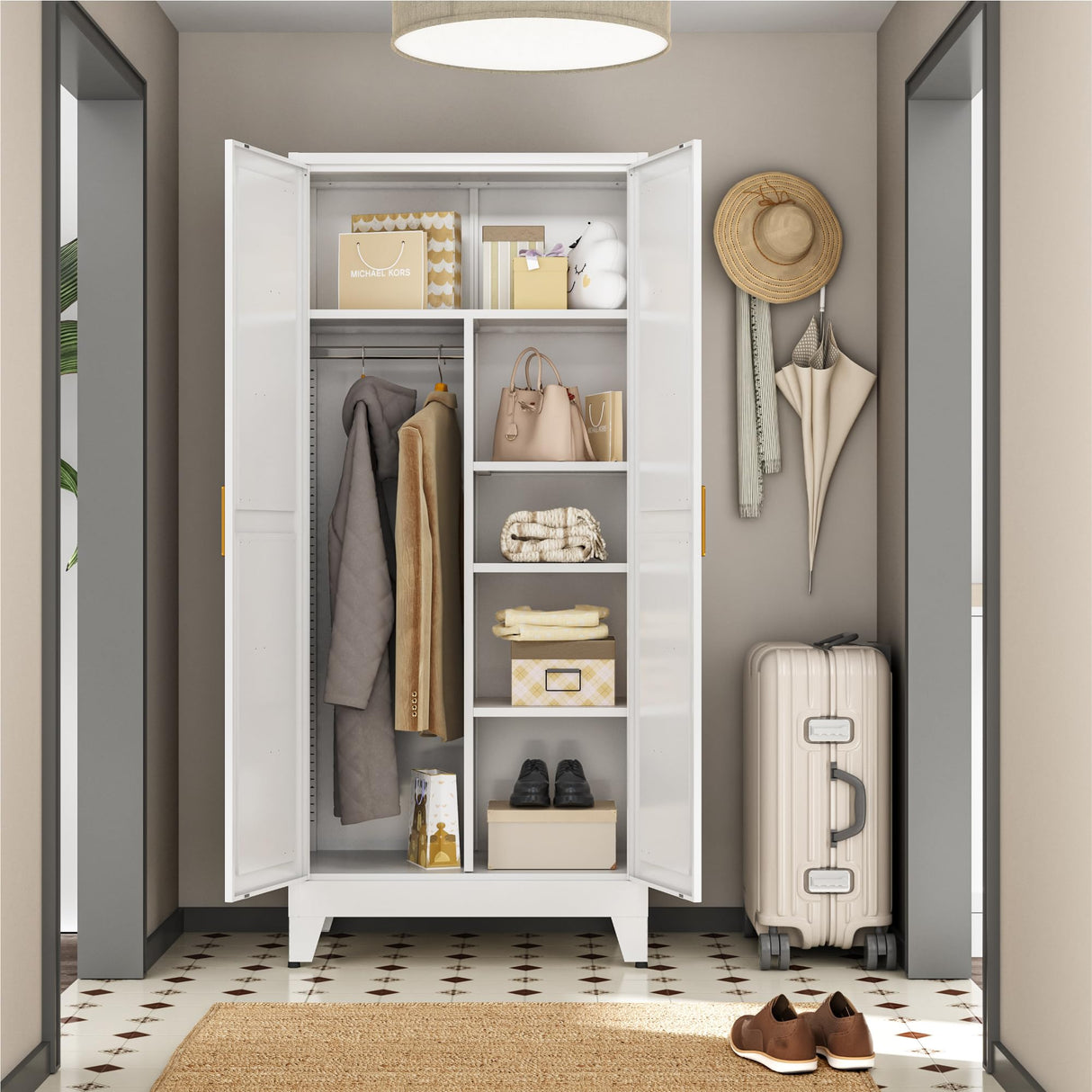 Metal Combination Cabinet, Wardrobe Closet Cabinets with Doors and Shelves, 71" Farmhouse Bedroom Armoire Closet with Hanging Rod and Clothing Shelf, White Steel Wardrobe Cabinet for Bedroom Bevivog