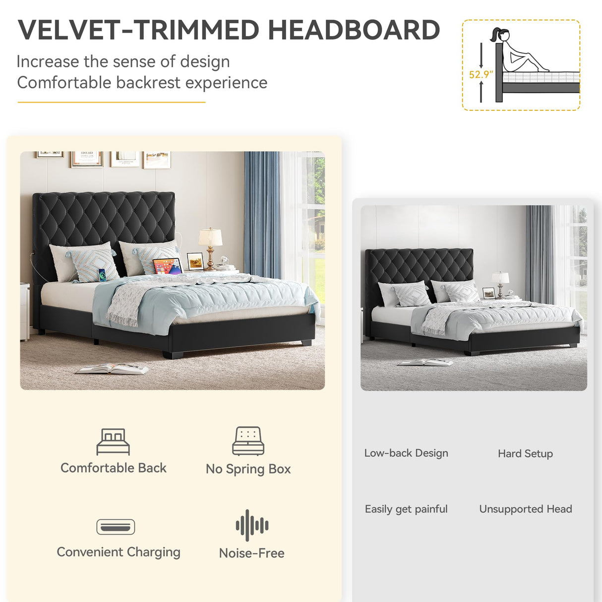 DWVO King Bed Frame with 53" Tall & 2 Charging Station, Velvet Upholstered Platform Bed with Button Tufted Headboard,No Box Spring Needed,Noise-Free (Black, Queen) DWVO