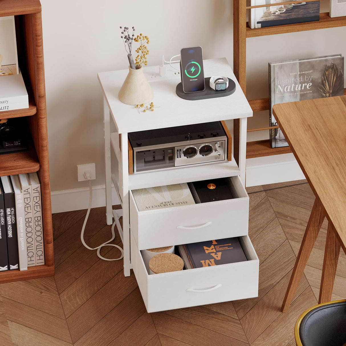 Fixwal White Night Stand with Charging Station, Bedroom Nightstand with Fabric Drawers, Bedside Table with PU Finish Fixwal