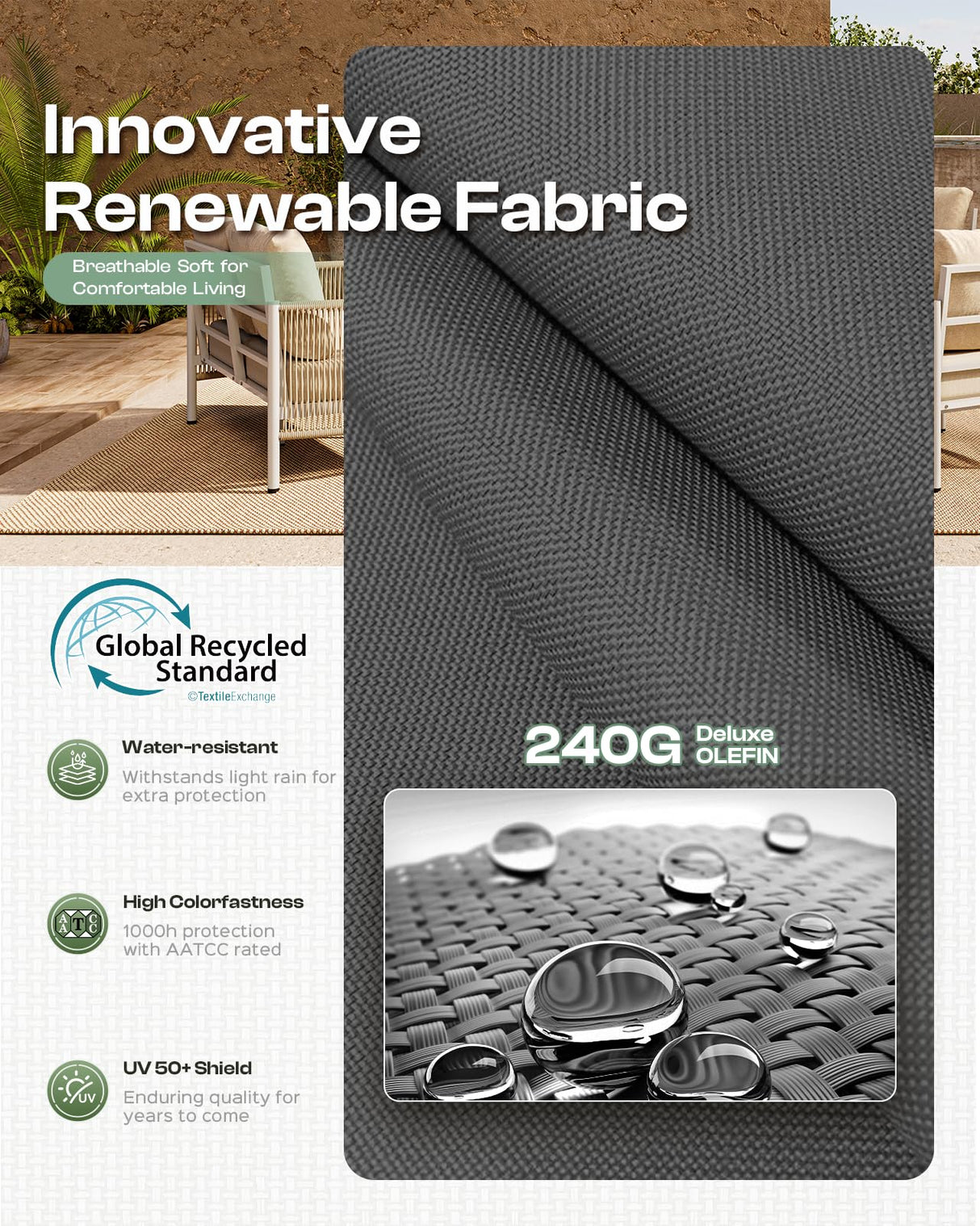 Oasbira Aluminum Outdoor Patio Furniture Set, HDPE Rope 4 Piece Modern Sectional Conversation Sets with Dual-Layer Coffee Table, All Weather Patio Couch Set with Thick Cushions, Gray Frame, Charcoal Oasbira