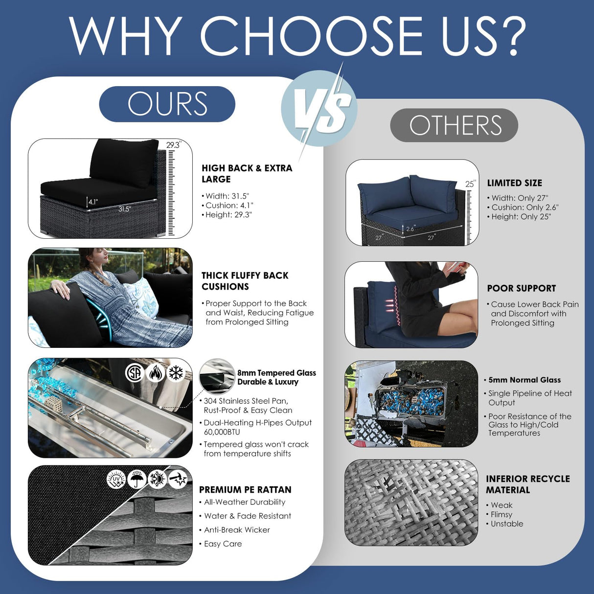 NICESOUL 11-Piece Patio Furniture with Chaise Lounge, Modern Wicker Outdoor Sectional with Fire Pit, Comfortable 29.3'' High-Back Conversation Seating, Heavy Duty All-Weather Couch Set, Grey & Black NICESOUL