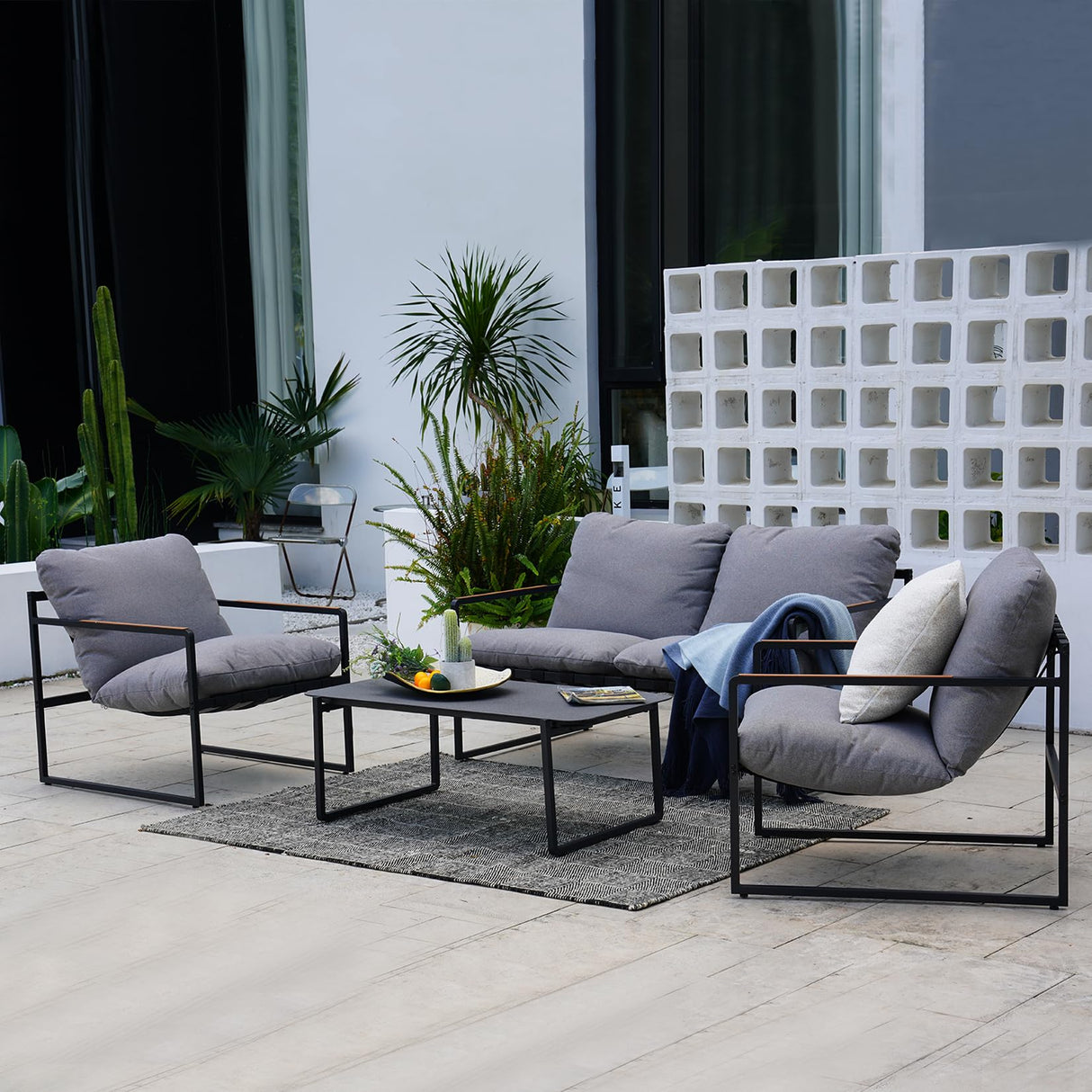 Grand patio 4-Piece Outdoor Furniture Set, Patio Outdoor Sofa with Cushion, Modern Metal Couch with Coffee Table, Outdoor Conversation Set for Porch Deck Balcony Backyard Living Room Grand patio