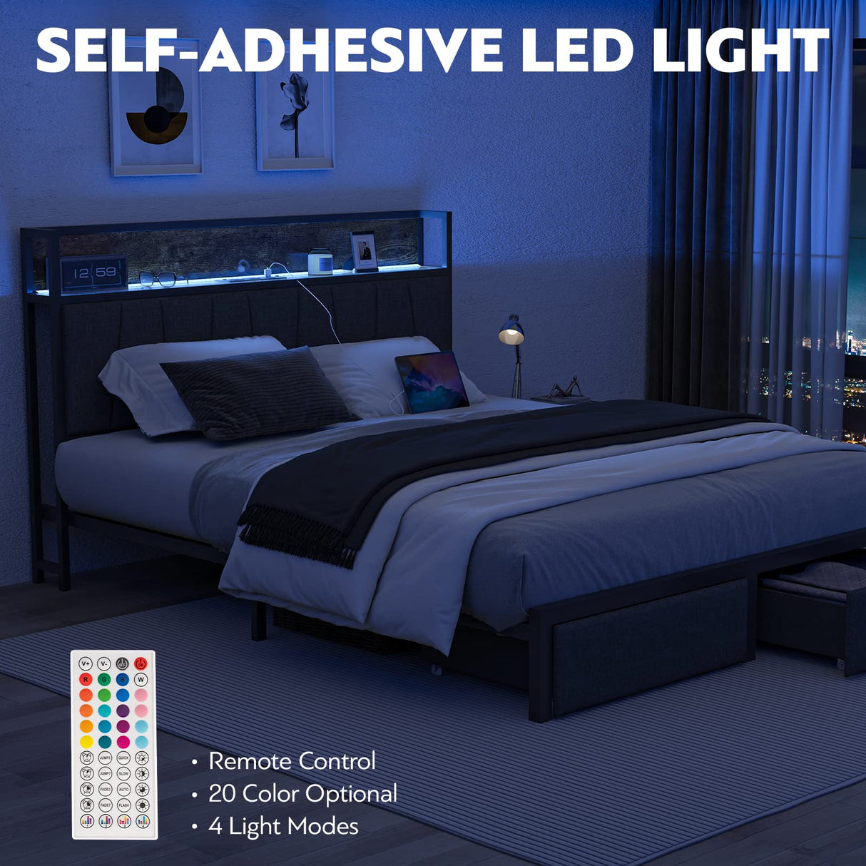 CIKUNASI Heavy Duty Full Size Bed Frame with Headboard, Storage Drawers, and LED Charging Station CIKUNASI