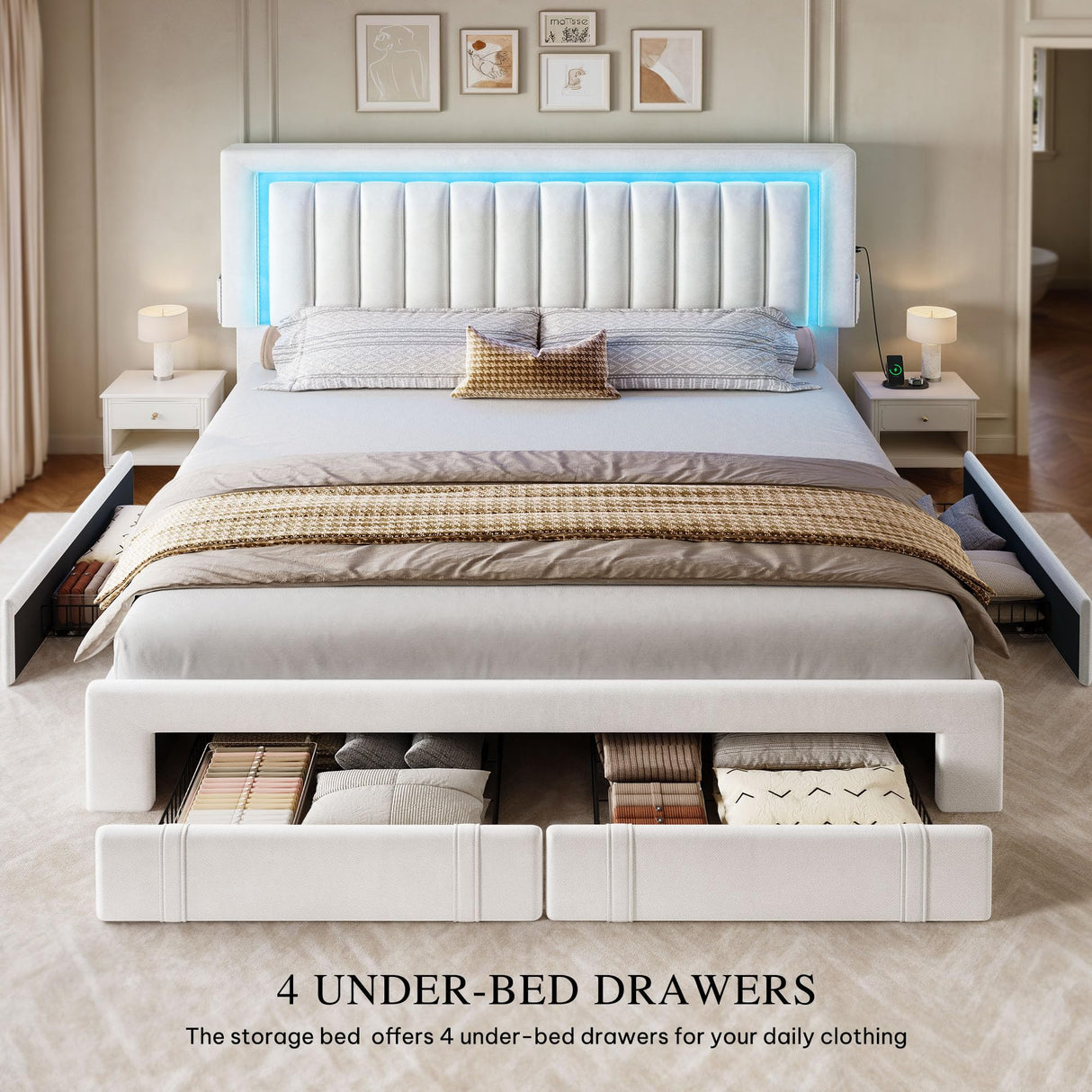 YITAHOME Queen Size Bed Frame with Adjustable Headboard, 4 Storage Drawers and RGB LED Lights, Velvet Upholstered Platform Bed with USB Ports, No Box Spring Needed, Fast Assembly, Noise-Free, White YITAHOME