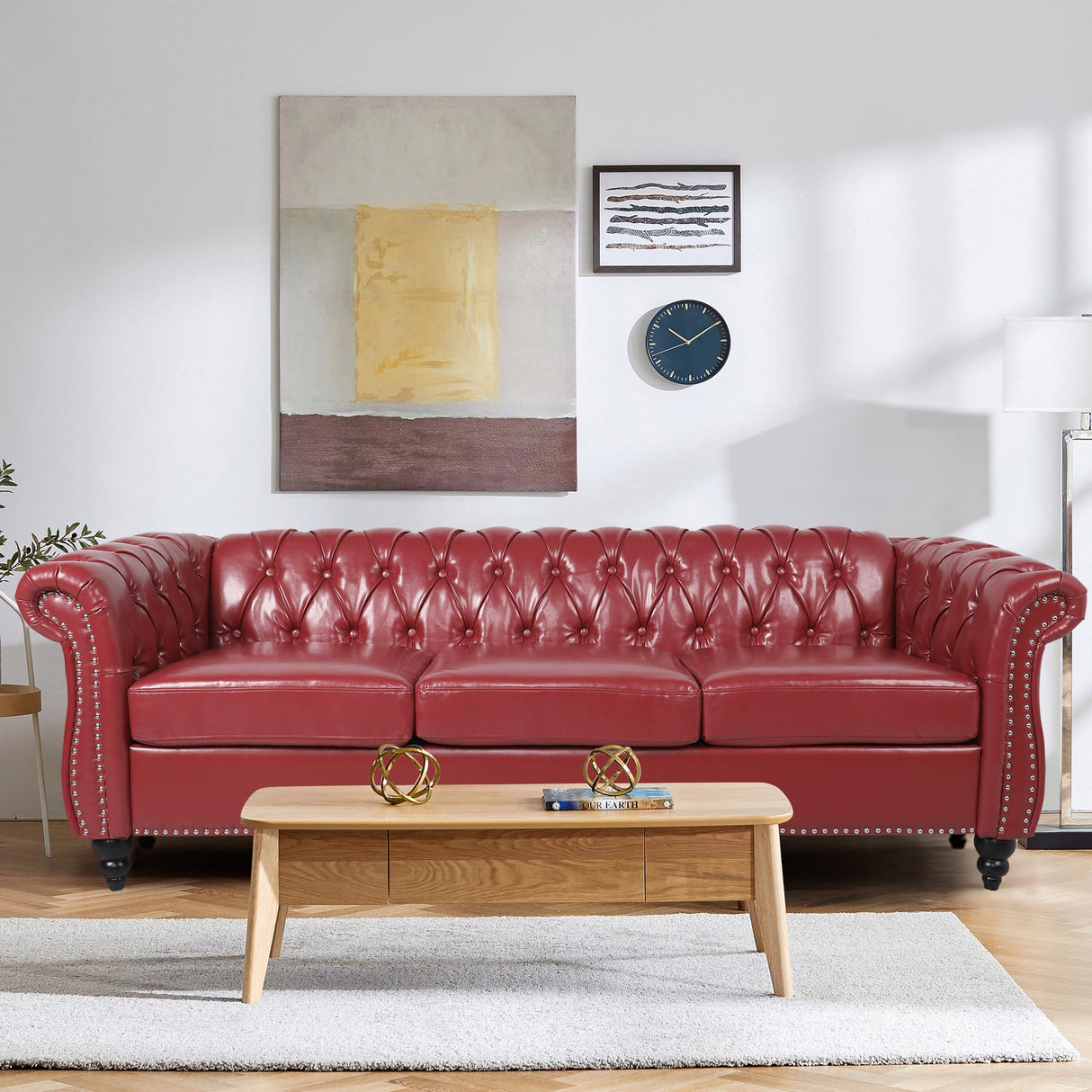AVZEAR Chesterfield Leather Sofa 3 Seater Couch, Mid-Century Large Sofa Roll Arm Classic Tufted Settee Modern PU Sofa with Channel Tufted Seat Back for Living Room, Office, Apartment, Claret AVZEAR