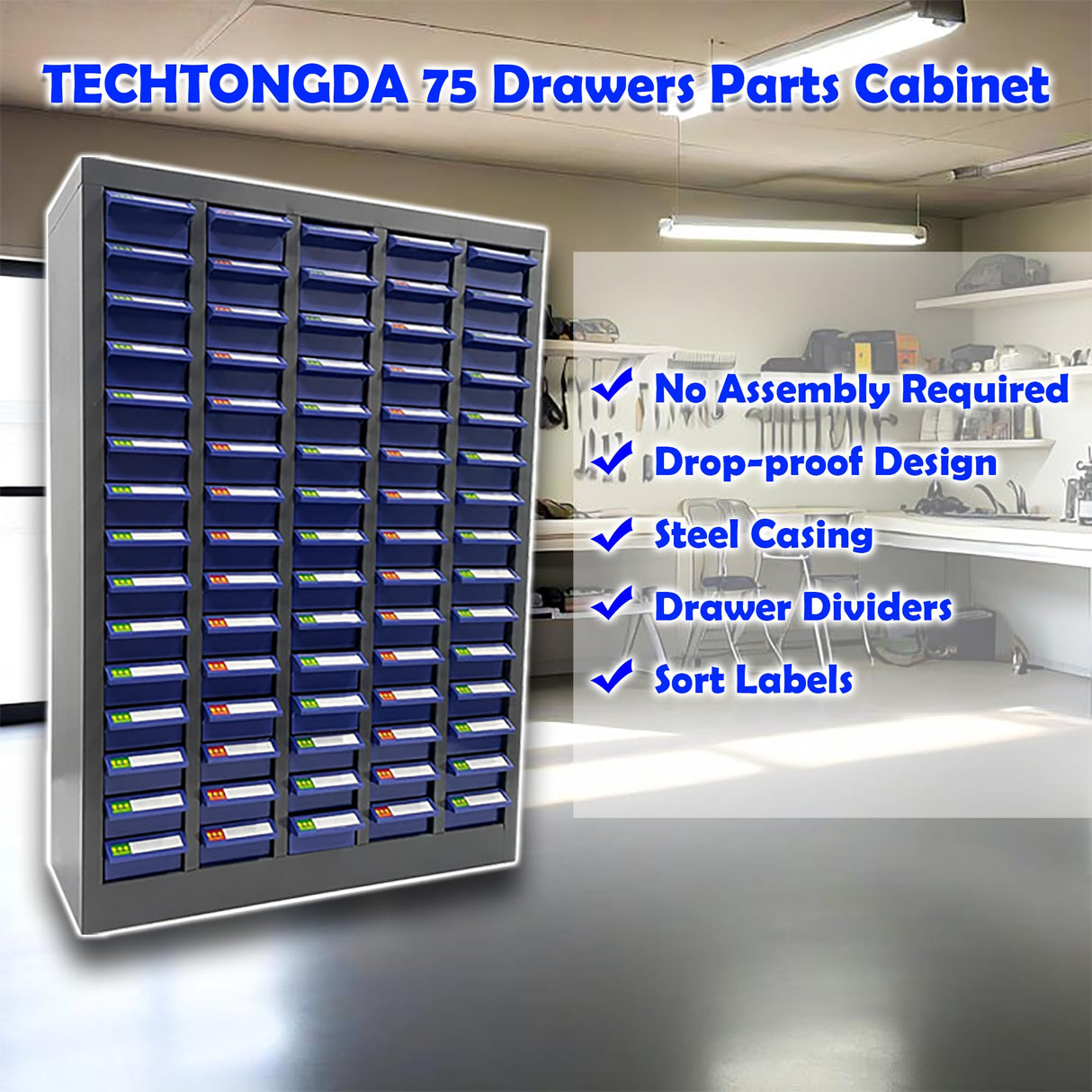 TECHTONGDA Bolt and Nut Tool Storage Steel Cabinet 75 Drawers Parts Cabinet Hardware Organizer and Storage Organization Shelves with Dividers Assortment KIT TECHTONGDA