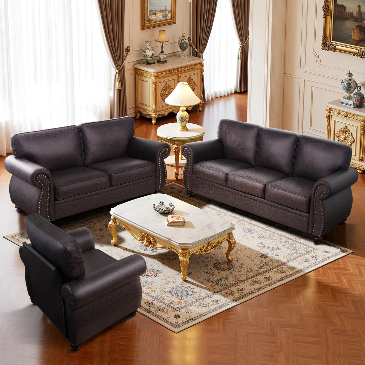 Couchus Mid-Century Vintage Sofa Couches with Rivet Design,loveseat Sofa,Removable Sofa Cover Upholstered Cushions and Solid Wood Frame (Brown, Loveseat) Couchus