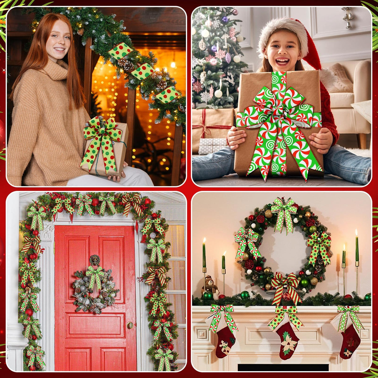 Riceshoot 4 Roll 40 Yards Christmas Wired Ribbon 1.97 Inch Red and Green Christmas Wrapping Ribbon Wide Wired Edge Polka Dot Glitter Stripe Decor for Xmas Holiday Wreath Bow Xmas Tree DIY Craft Riceshoot