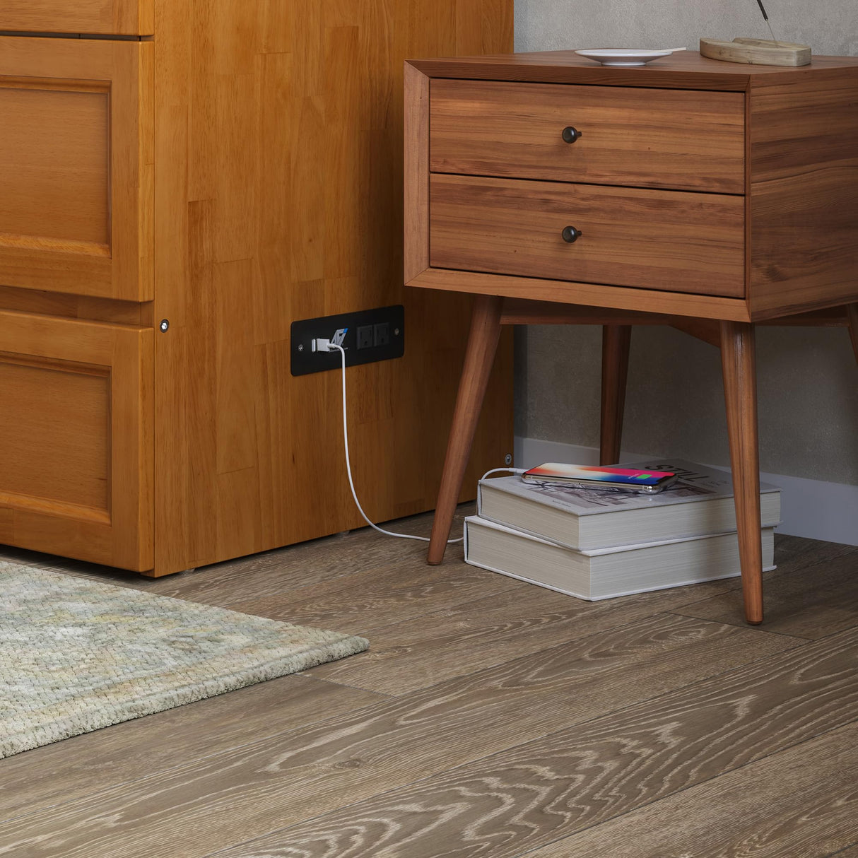 AFI, Northfield Queen Murphy Bed Chest with 6" Mattress, Storage Drawer & Built-in USB Charger, Light Toffee AFI