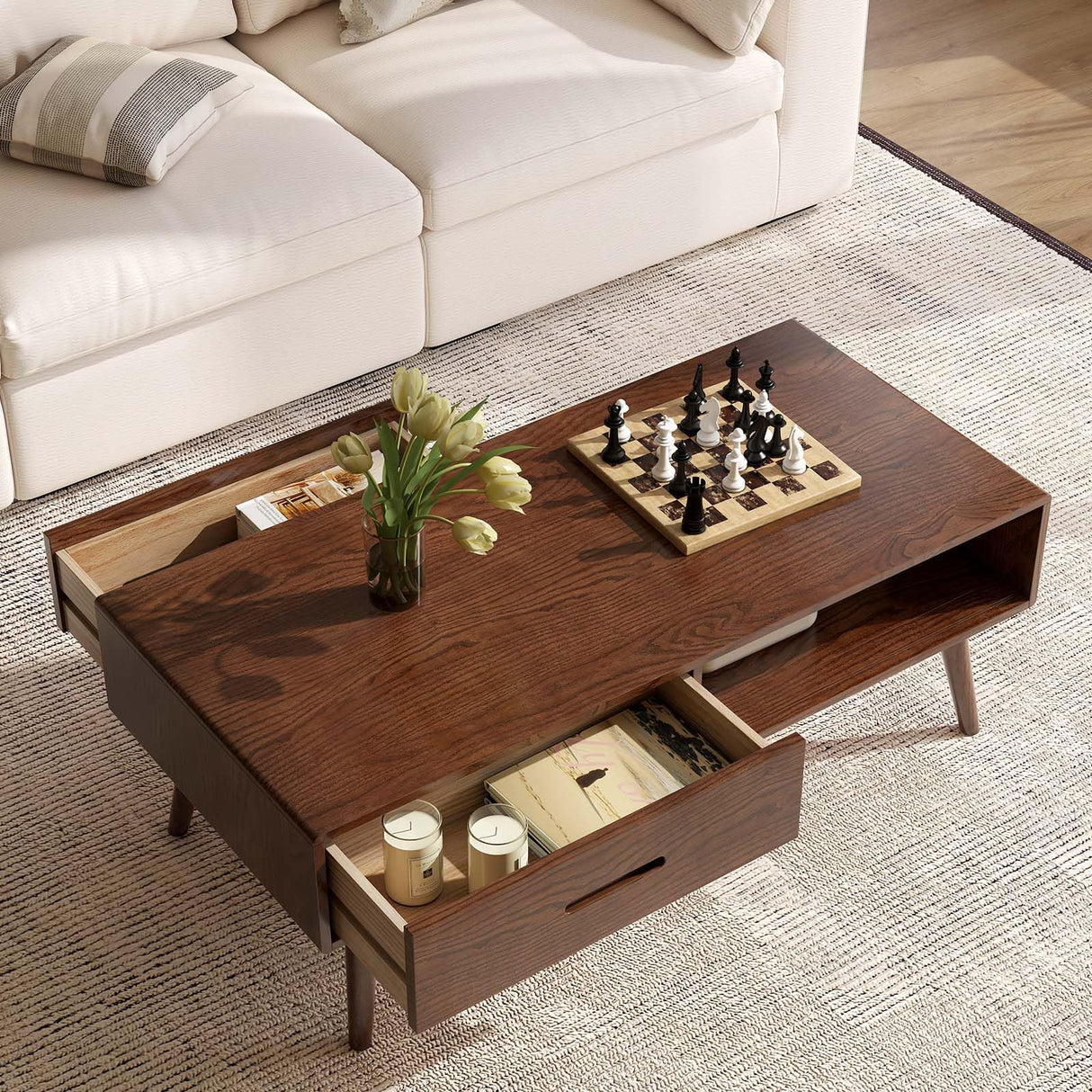 Vadisun 100% Solid Wood Coffee Table with Storage, Mid Century Modern Coffee Tables for Living Room, 39.37" W Coffee Table with 2 Drawers for Home (Oak Walnut Colour) Vadisun