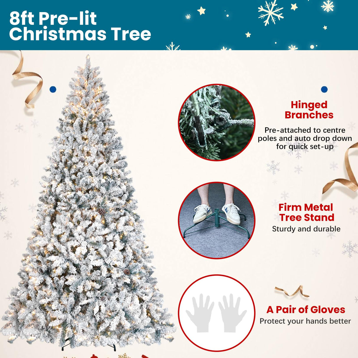 Maylaviu 8 ft Flocked Christmas Tree Prelit, Snow Frosted Artificial Christmas Tree with 700 UL Lights, Pine Cones & 1754 Tips, Auto Hinged Easy Setup Full Prelighted Large Christmas Tree Maylaviu