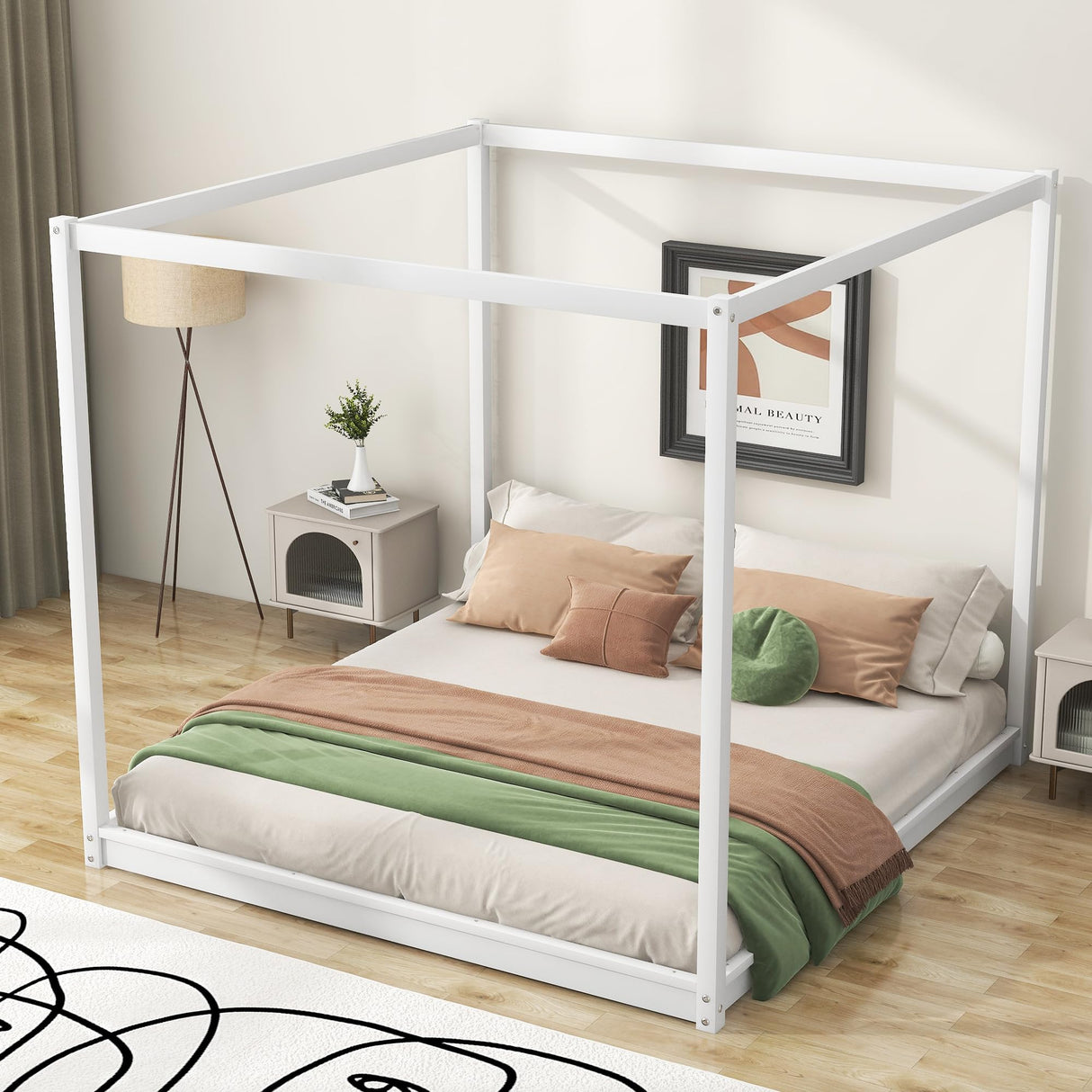 Merax Wooden Canopy Platform Bed Frame King Size Floor Bed/Mattress Foundation with Slat Support White Merax