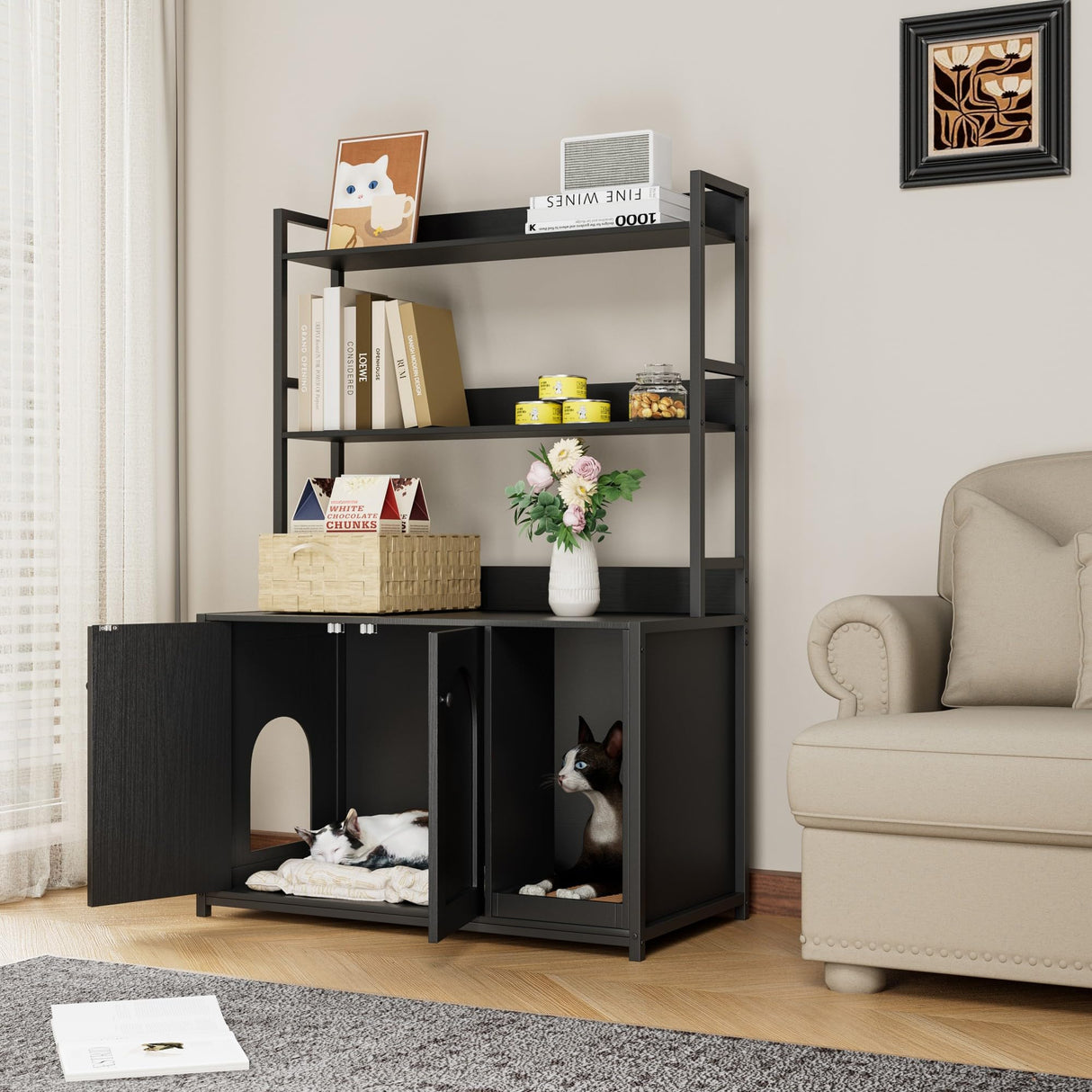 Large Litter Box Enclosure with Shelves, 52'' Hidden Cat Kitty Litter Furniture Corner Cats Bookshelf for Living Room, Bedroom, Cat Box Enclosure Cabinet with Scratch Pad Black GarveeHome