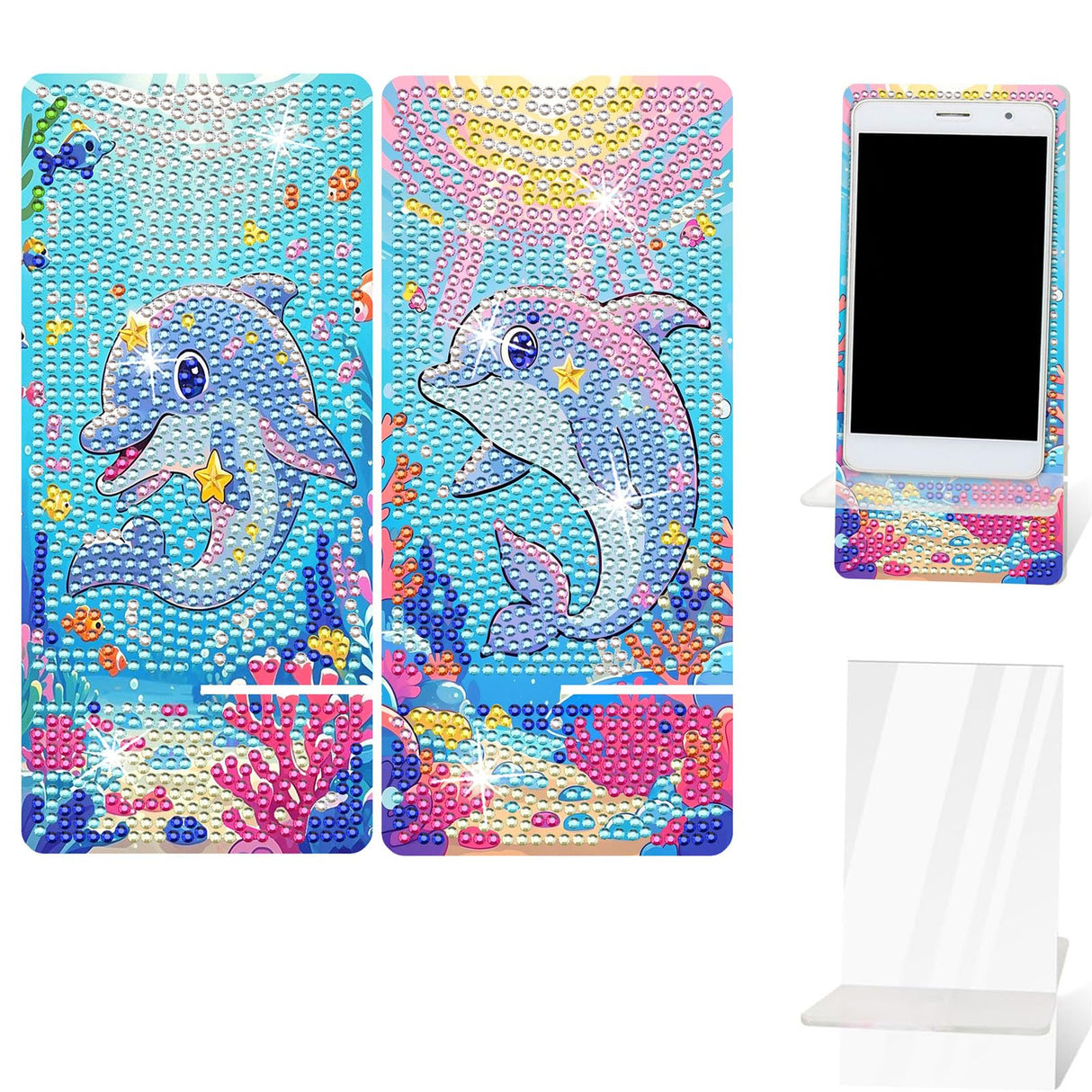 NUFTVI 2 Pack Diamond Painting Cell Phone Holder, DIY Full Crystal Cute Dolphins Diamond Art Phone Holder and Mirror, Diamond Art Kits for Beginner Adult NUFTVI