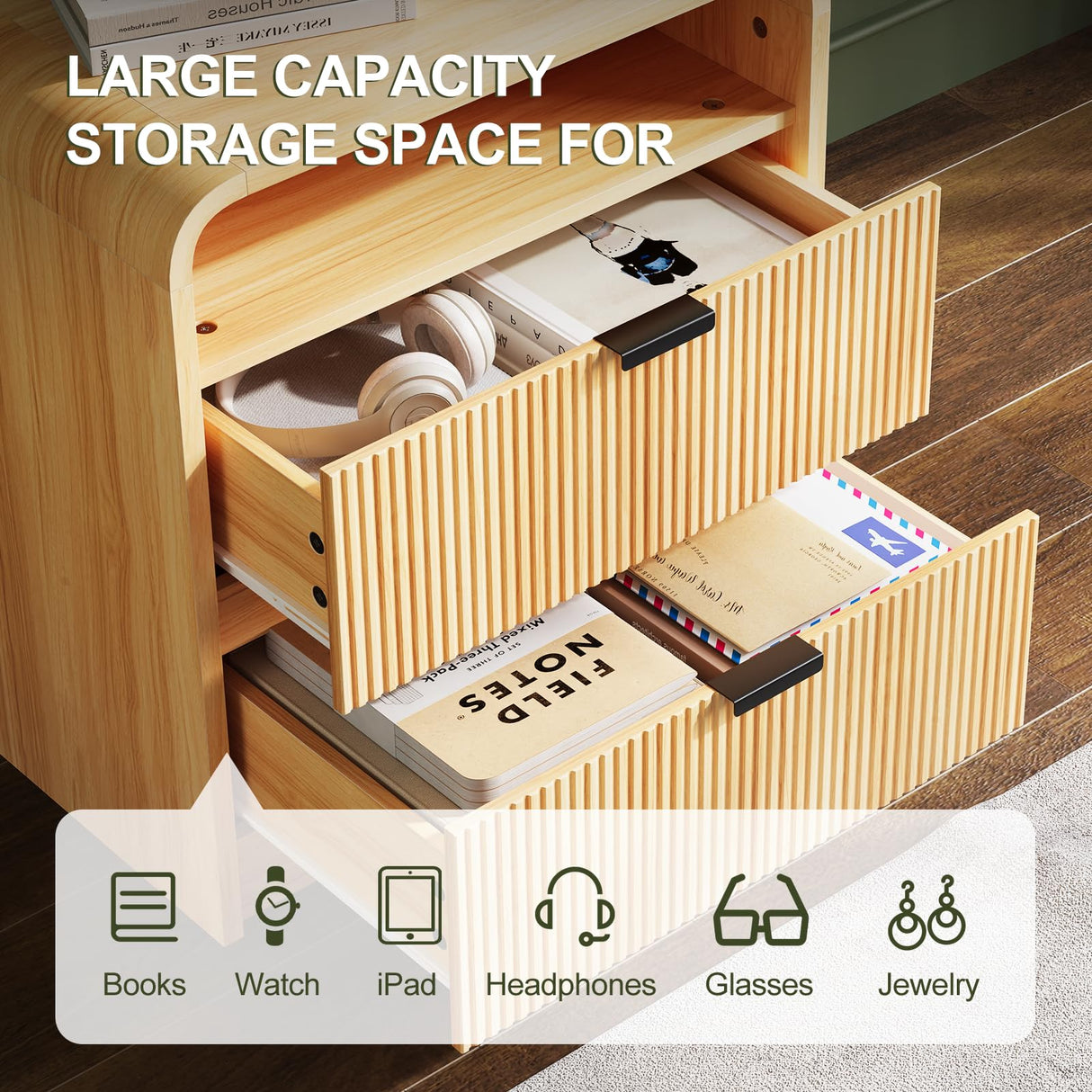 FURSUN 24" Fluted Nightstand with Charging Station, Wooden End Table with 2 Drawers Storage, Curved Profile Design, Modern Bedside Cabinet for Bedroom Living Room, Natural Oak FURSUN