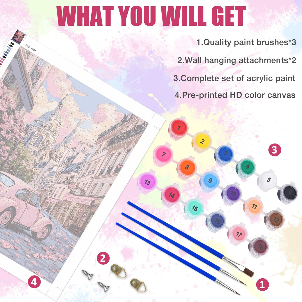 Lxmsja Pink Car Paint by Numbers Kit for Adults, Paris Street Acrylic Paint by Numbers for Adults Beginner, DIY Craft Supplies Oil Painting Kits for Home Wall Decor 16x20 inch (No Frame) Lxmsja