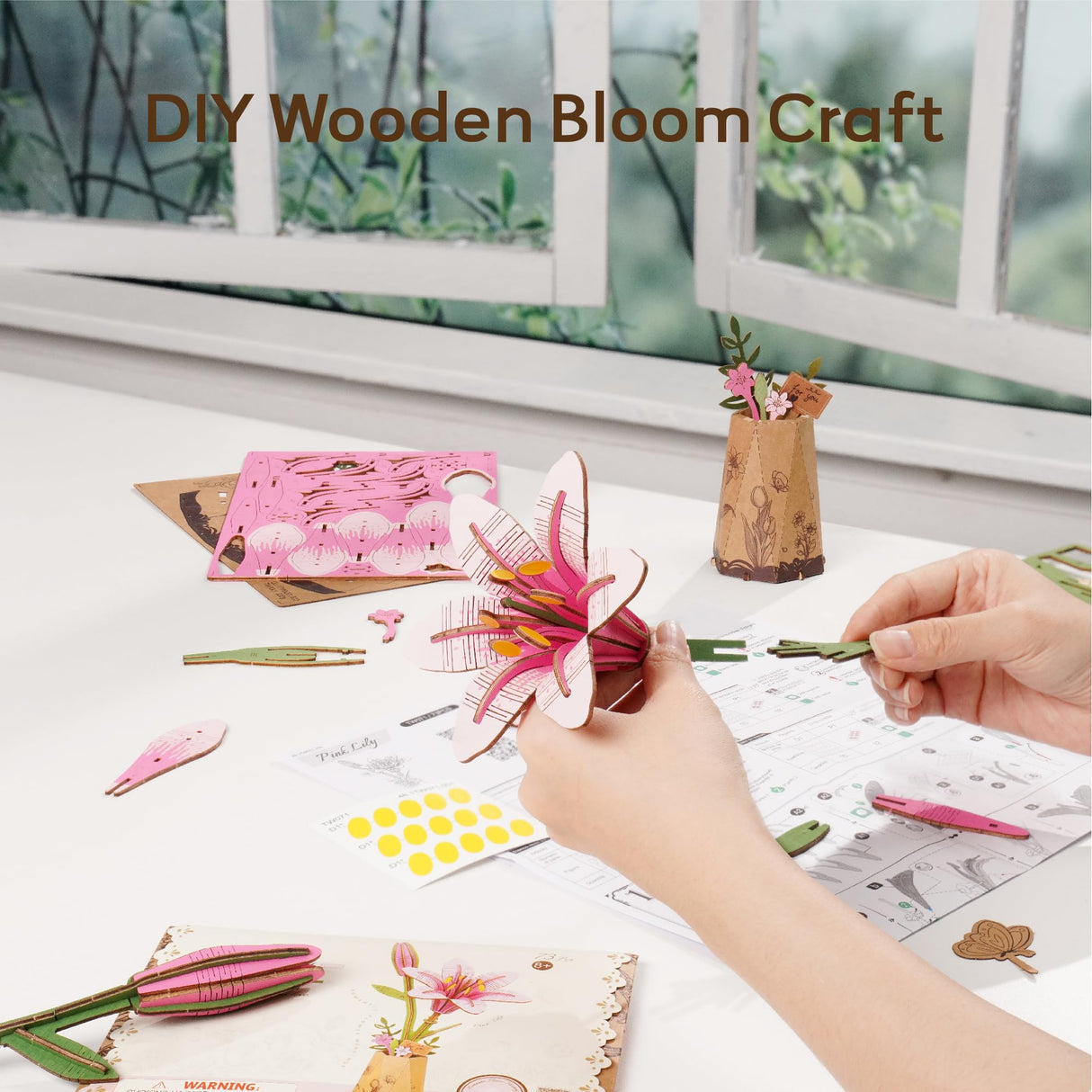 ROBOTIME 3D Puzzle Wooden Flower Pink Lily DIY Model Kit to Build for Adults Artifical Bouquet Collection Craft Brain Teaser Puzzle Creative Gift Home Decor ROBOTIME