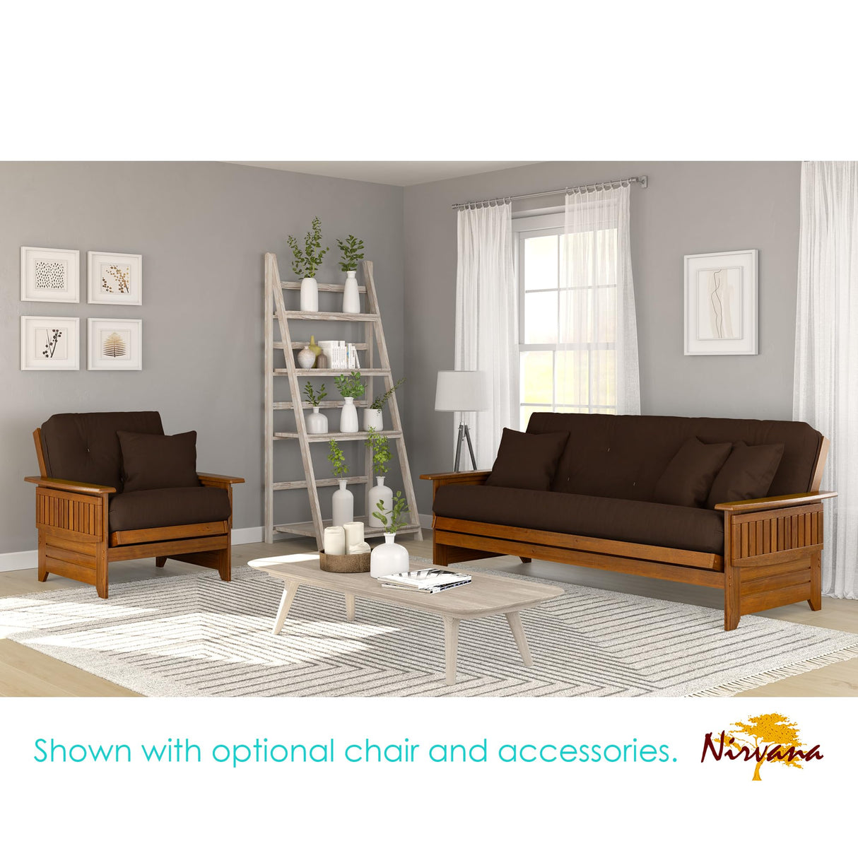 Nirvana Futons Brentwood Tray Arm Futon Sofabed Set - Queen Frame, 8" Microfiber Fudge Mattress, Heritage Finish Nirvana Futons