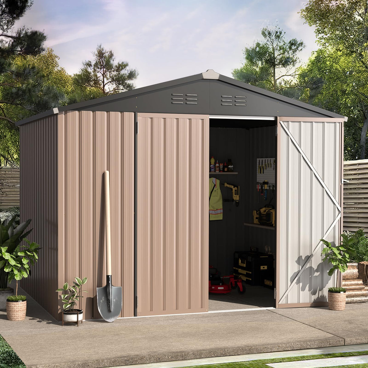 AECOJOY 8' x 6' Metal Storage Shed for Outdoor, Steel Backyard 6x8 Sheds & Outdoor Storage with Lockable Doors, Utility and Tool Storage for Garden, Backyard, Patio, Outside use AECOJOY
