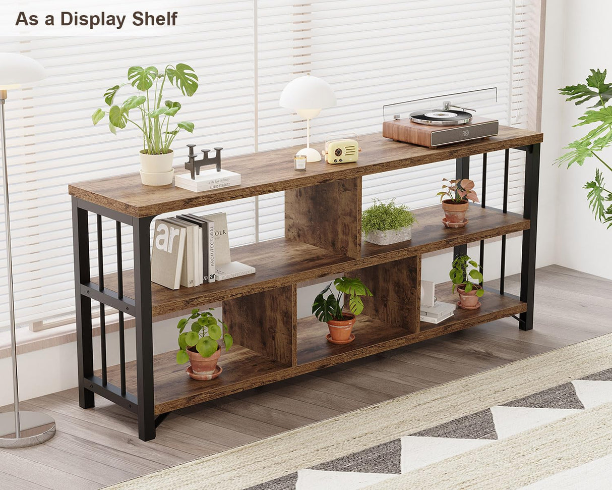 IBF Bookshelf, Farmhouse 63” Long Open Book Shelf, Wood Metal 5 Cube Bookcase for Living Room, Low Horizontal Bookshelf for Bedroom, Wide Cubby Storage Organizer for Home Office, Rustic Brown, 63 Inch IBF