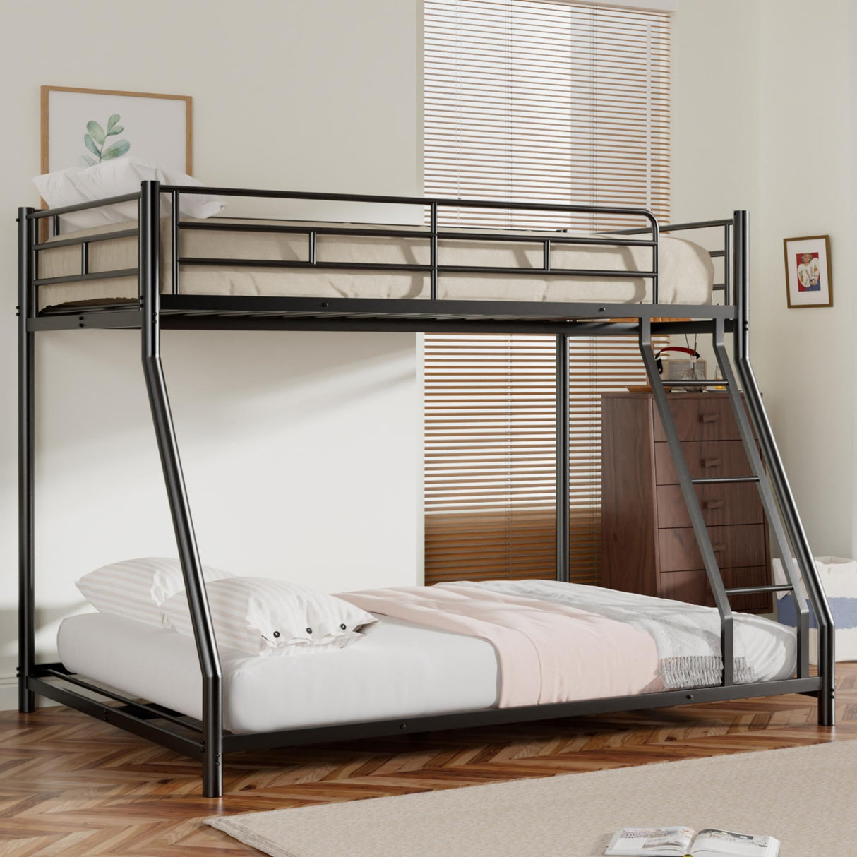 Miscoos Metal Twin Over Full Bunk Bed, Heavy Duty Bunk Beds with Safety Guardrail and Ladder, Noise Reduction, No Box Spring Needed, Black Miscoos