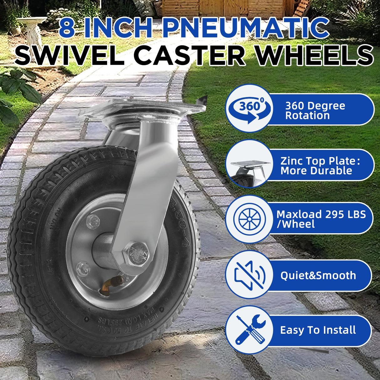 RRQ 8 Inch Caster Wheels, Pneumatic Swivel Caster Wheels with Zinc Top Plate 360 Degree Rotation for Cart, Dolly, Trolley, Workbench and Wagon, Black Rubber Wheels, 590 Lbs Total Capacity (2 Pack) RRQ