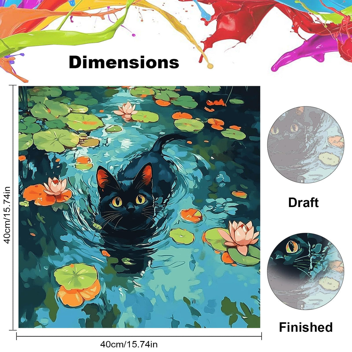 NEWENMO Black Cat Paint by Numbers Kit for Adults, Flowers Water Lilies Paint by Numbers on Canvas Unframed, DIY Oil Painting Perfect for Beginner, Craft, Hobbies and Home Wall Decor 16x16 in NEWENMO