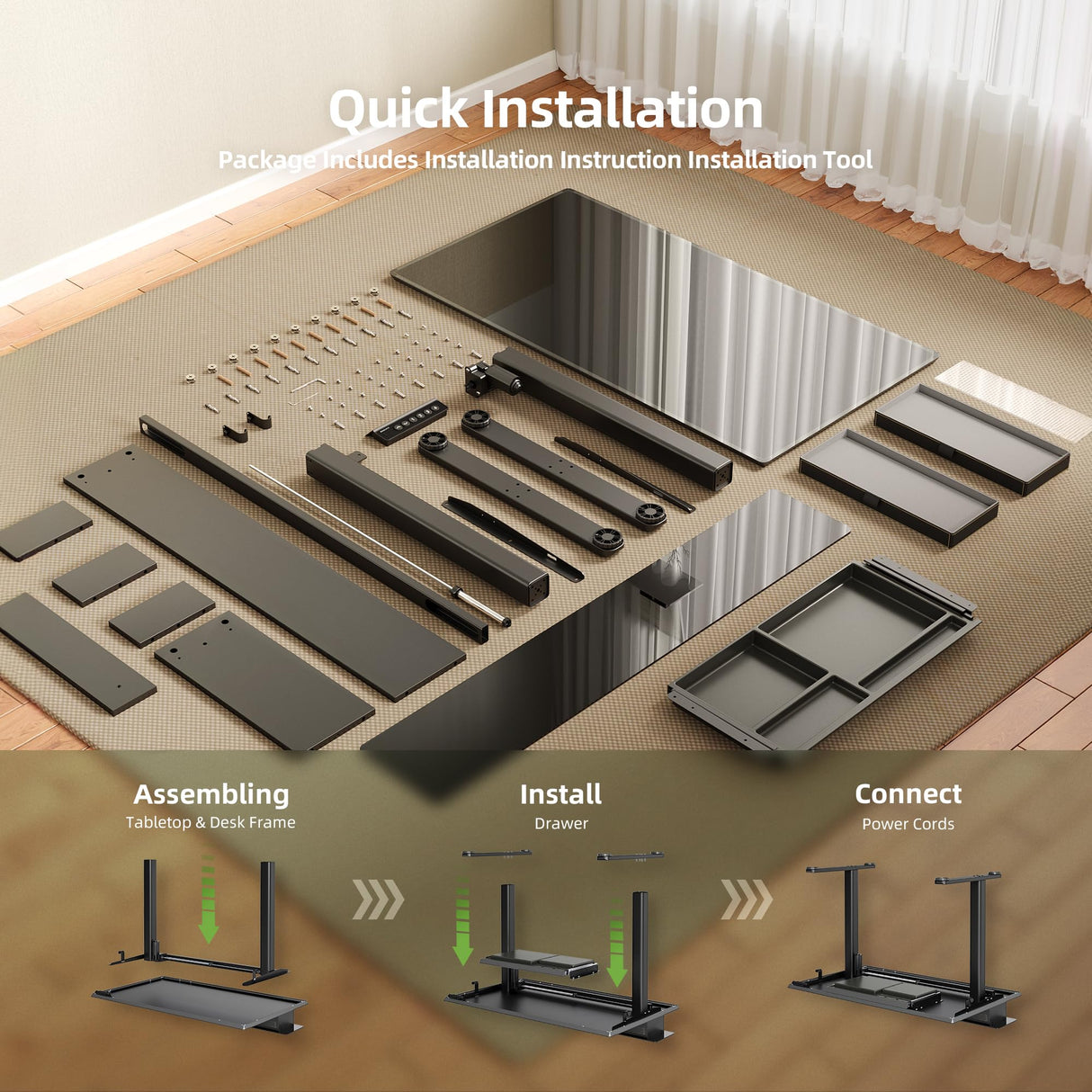 INNOVAR Glass Standing Desk with 3 Drawers, 48x24 Inch Height Adjustable Desk with USB Ports & LED Lights, Electric Stand Up Desk with Monitor Stand for Home, Office, Workstation, Black INNOVAR