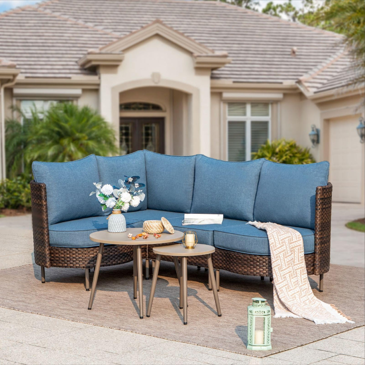 Sophia & William Wicker Patio Furniture Set, Curved Outdoor Sofa 4 Seats Conversation Set with Coffee Table, L-Shaped Outdoor Sectional for Backyard, Porch, Blue Sophia & William