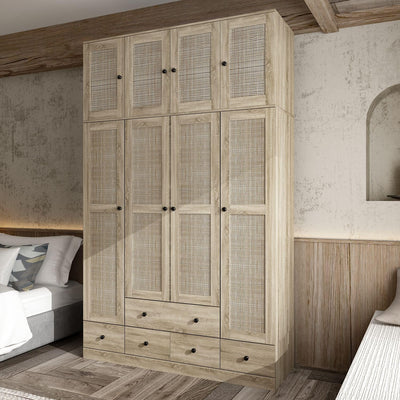 MOUMON 4 Rattan Door Wardrobe with Shelves and Drawers, Armoire Wardrobe with 2 Clothing Rods, Top Storage, Closet for Bedroom Oak 19" D x 59”W x 94.5”H