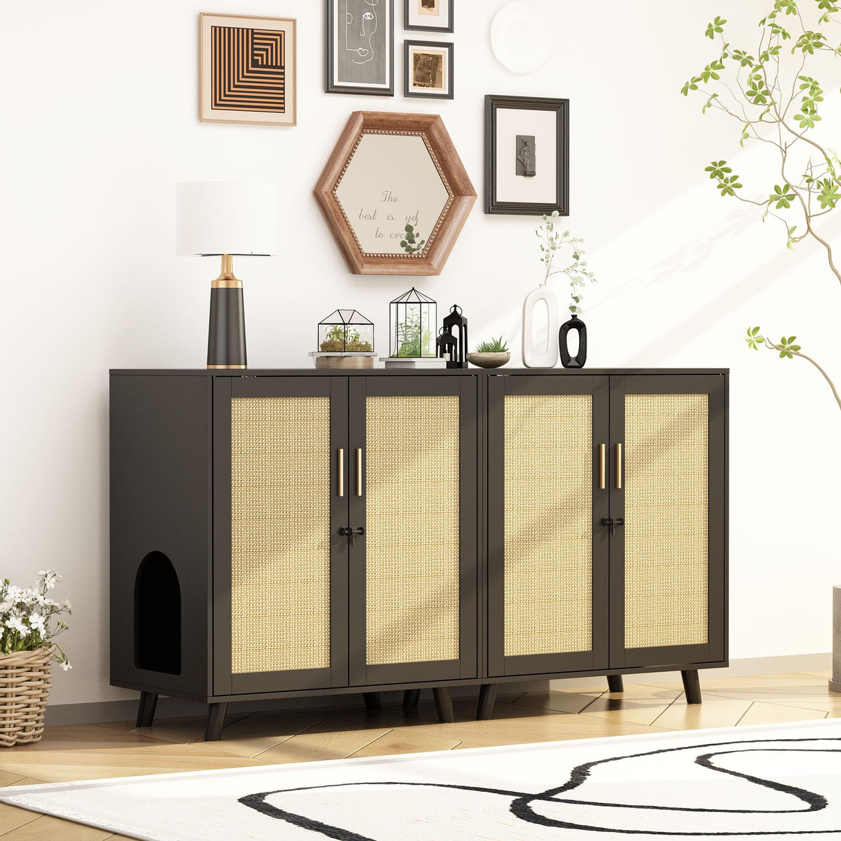 Lovinouse Large Cat Litter Box Enclosure,Hidden Kitty Litter Furniture with Sisal Covered Doors,2-Layer Wooden Cat Washroom Cabinet w/Adjustable Shelf, Side Table for Living Room,Black Lovinouse