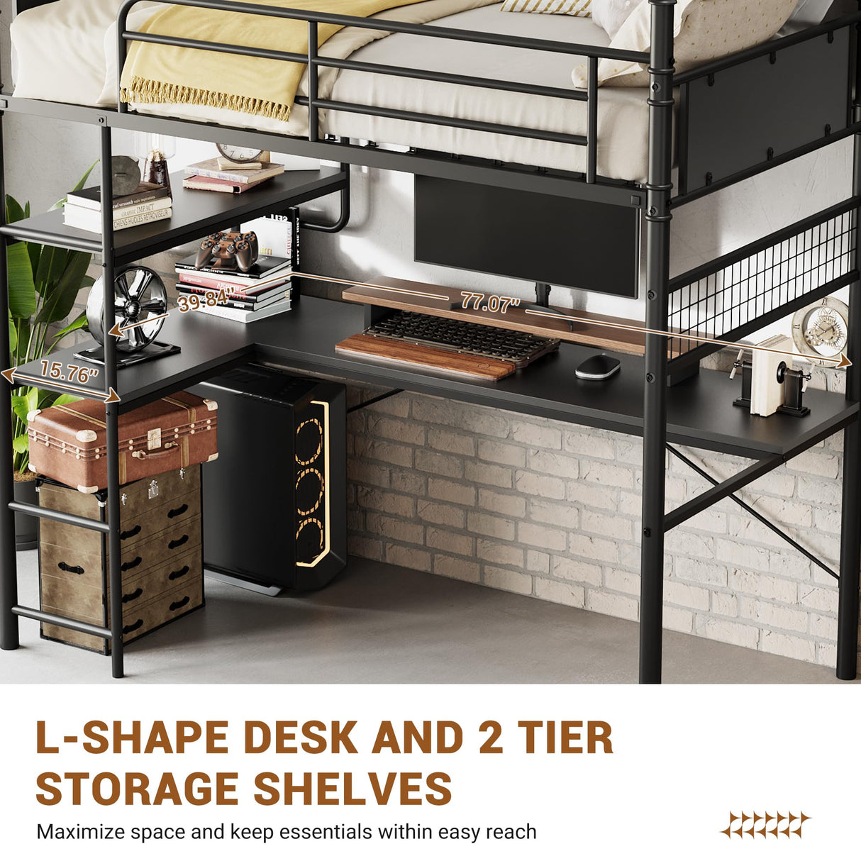 GarveeHome Loft Bunk Bed with L-Shaped Desk,Twin Loft Bed with Desk Underneath,Metal Bunk Beds with High Guardrail and Ladder for Kids/Teens/Adults,Easy Assembly, Vintage Black GarveeHome