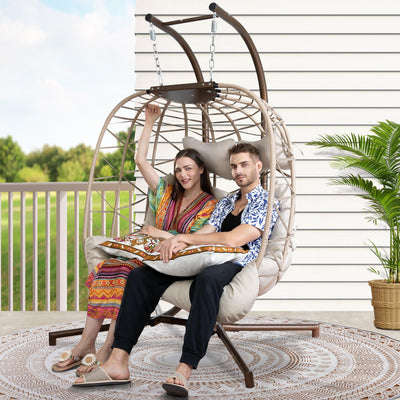 RADIATA Hanging Double Egg Chair with Stand, Oversized 2 Person Swing Egg Chairs Outdoor Indoor, 700Lbs Sturdy Loveseat Wicker Chair with Comfy Thick Cushion for Patio Backyard Balcony Porch, Beige