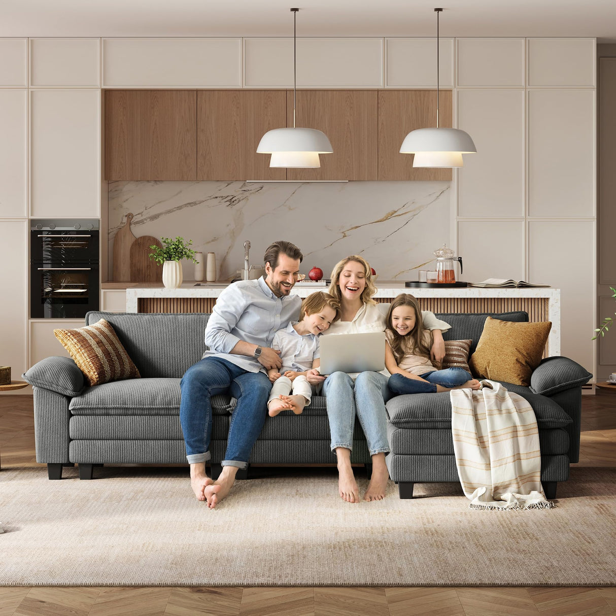 LINSY HOME 157'' Modular Sectional Sofa Grey Couch Corduroy Cloud Couches for Living Room, U Shaped Couch with Movable Ottoman, Modern Cloud Sectional Sofas for Bedroom and Apartment, Grey LINSY HOME