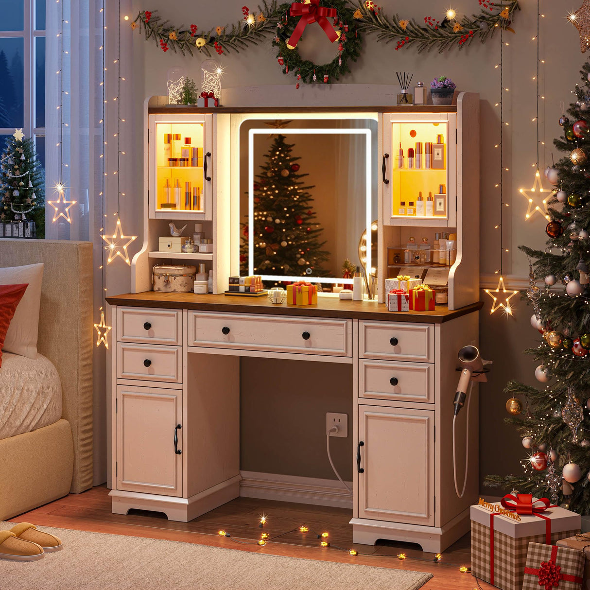 EnHomee Vanity Desk with Mirror and Lights, 43" White Makeup Vanity Desk with 5 Drawers & 2 RGB Glass Cabinets, Adjustable 3 LED Lights for Bedroom, Farmhouse Dressing Table for Women EnHomee