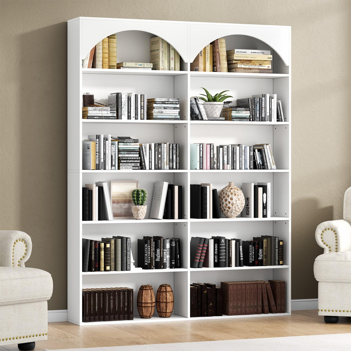 Gyfimoie 70.8’’ Tall Bookshelf and Bookcase, 7-Tier Double Wide Bookcase Modern Large Open Display Shelves with Curved Baffle for Home Office Living Room (White) Gyfimoie
