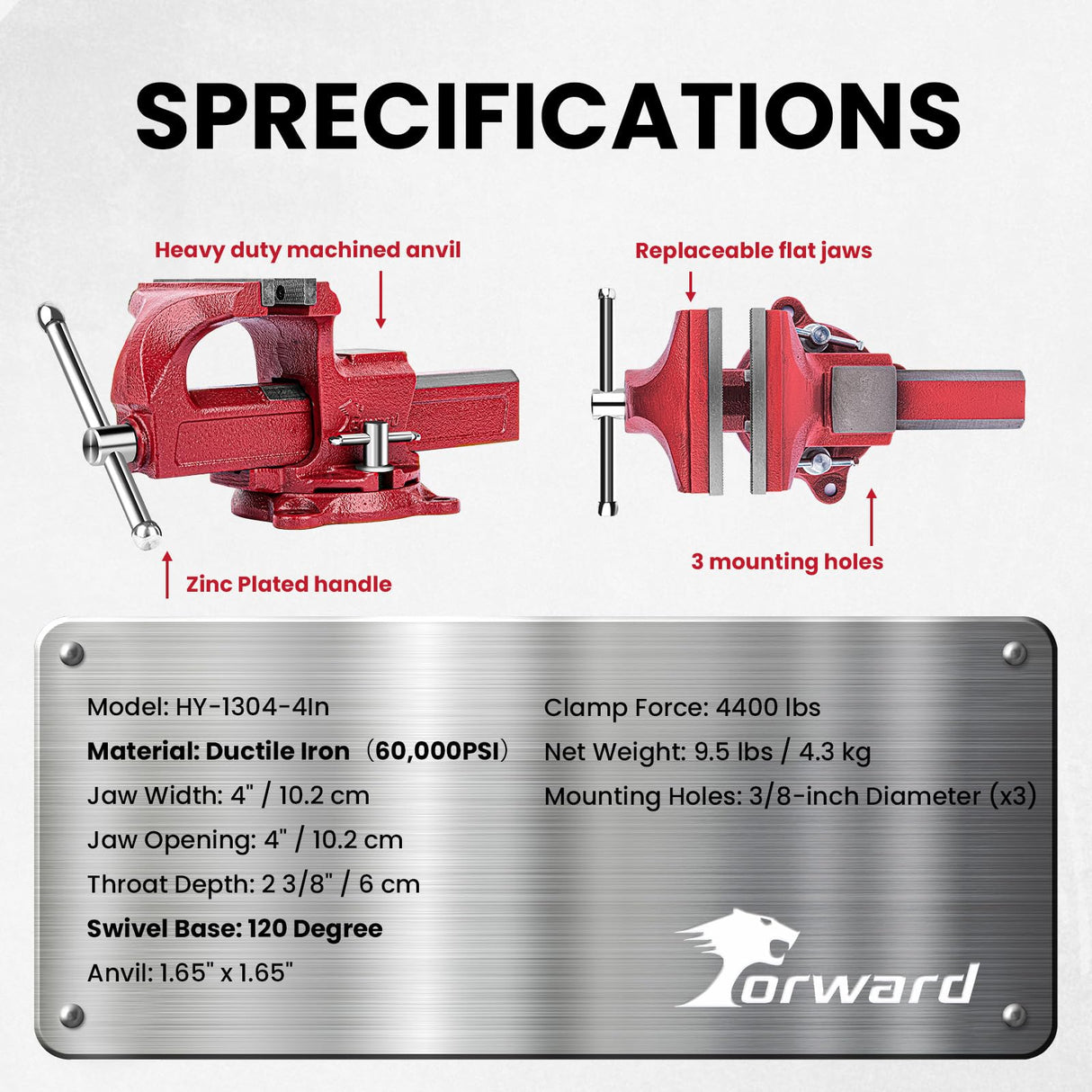 Forward 1304 4 Inch Home Vise Ductile Iron 4" Bench Vise Homeowner's Vice with Anvil and Swivel Base Forward