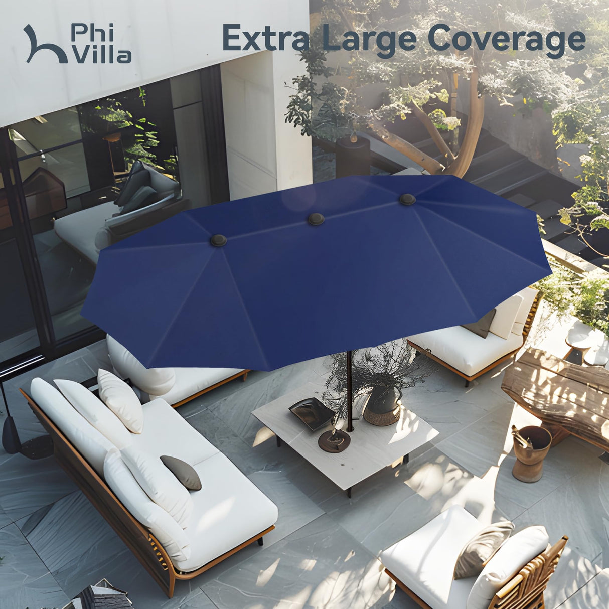 PHI VILLA 13ft Outdoor Market Umbrella Double-Sided Twin Large Patio Umbrella with Crank, Navy Blue PHI VILLA