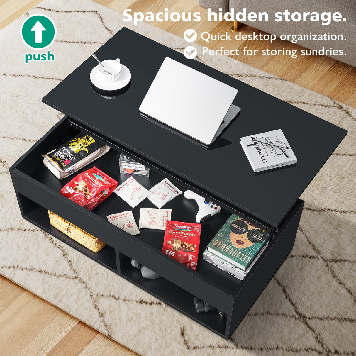 HOMMPA 40" Modern LED Coffee Table with Storage for Living Room, Lift Top Coffee Table with 2 Shelves, High Glossy Wooden Dining Table, Multifunctional Furniture for Bedroom Home Office, Black HOMMPA