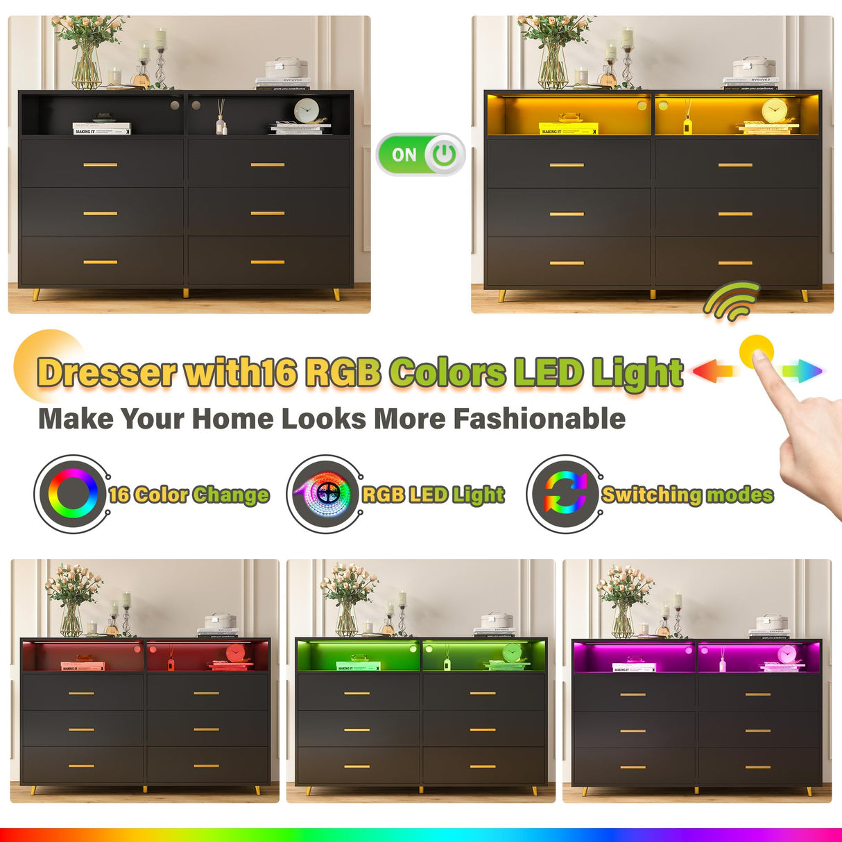 EnHomee Dresser for Bedroom,Black Dresser with LED, Wood Dresser with Smooth Metal Rail, 6 Drawer Dresser with Large Organizer Large Dresser & Chests of Drawers Wide Dresser Bedroom Furniture,Black EnHomee